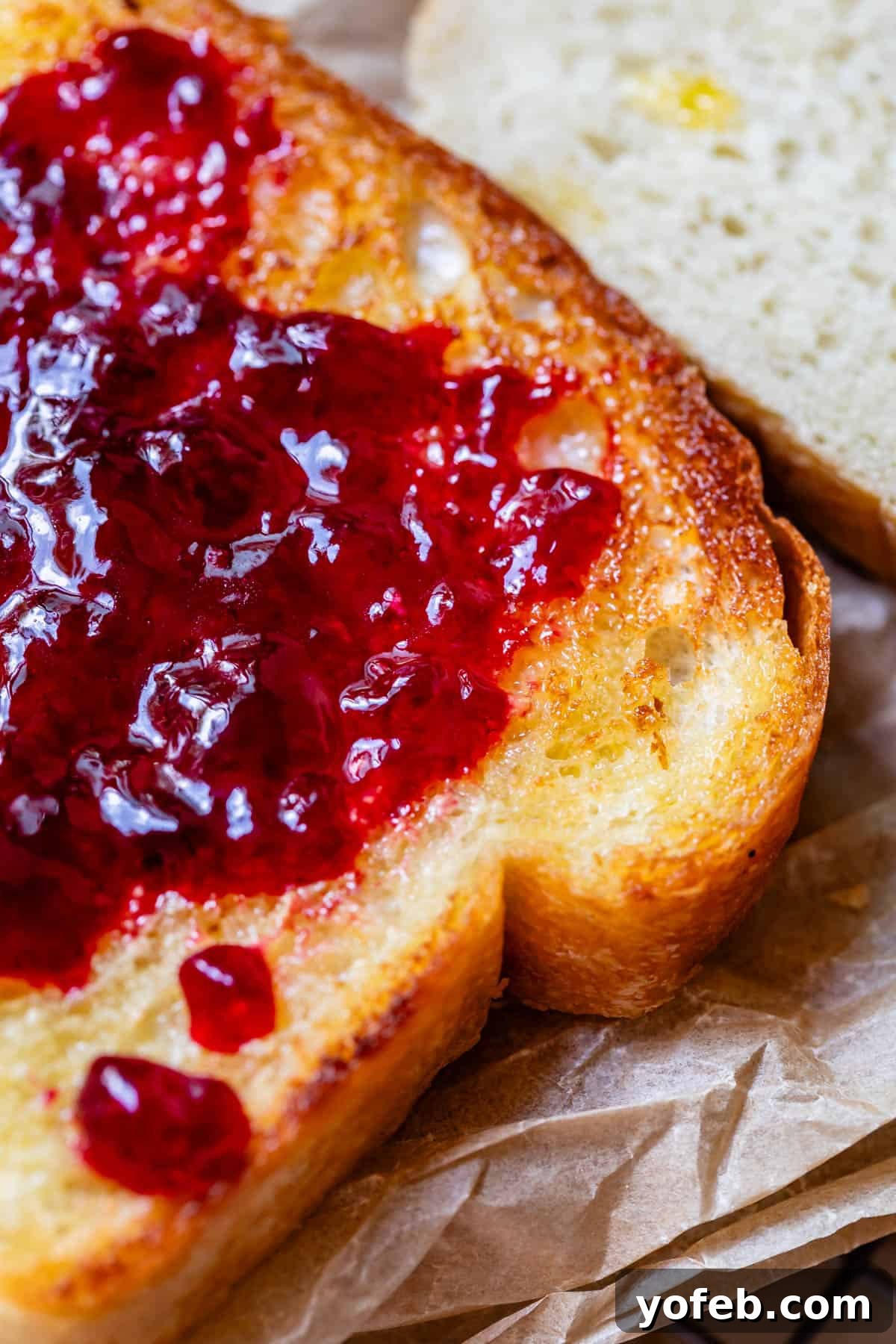 The White Bread Recipe That Ends Your Search 28 A slice of golden toasted and buttered white bread, topped with a dollop of vibrant jam, presented on parchment paper.