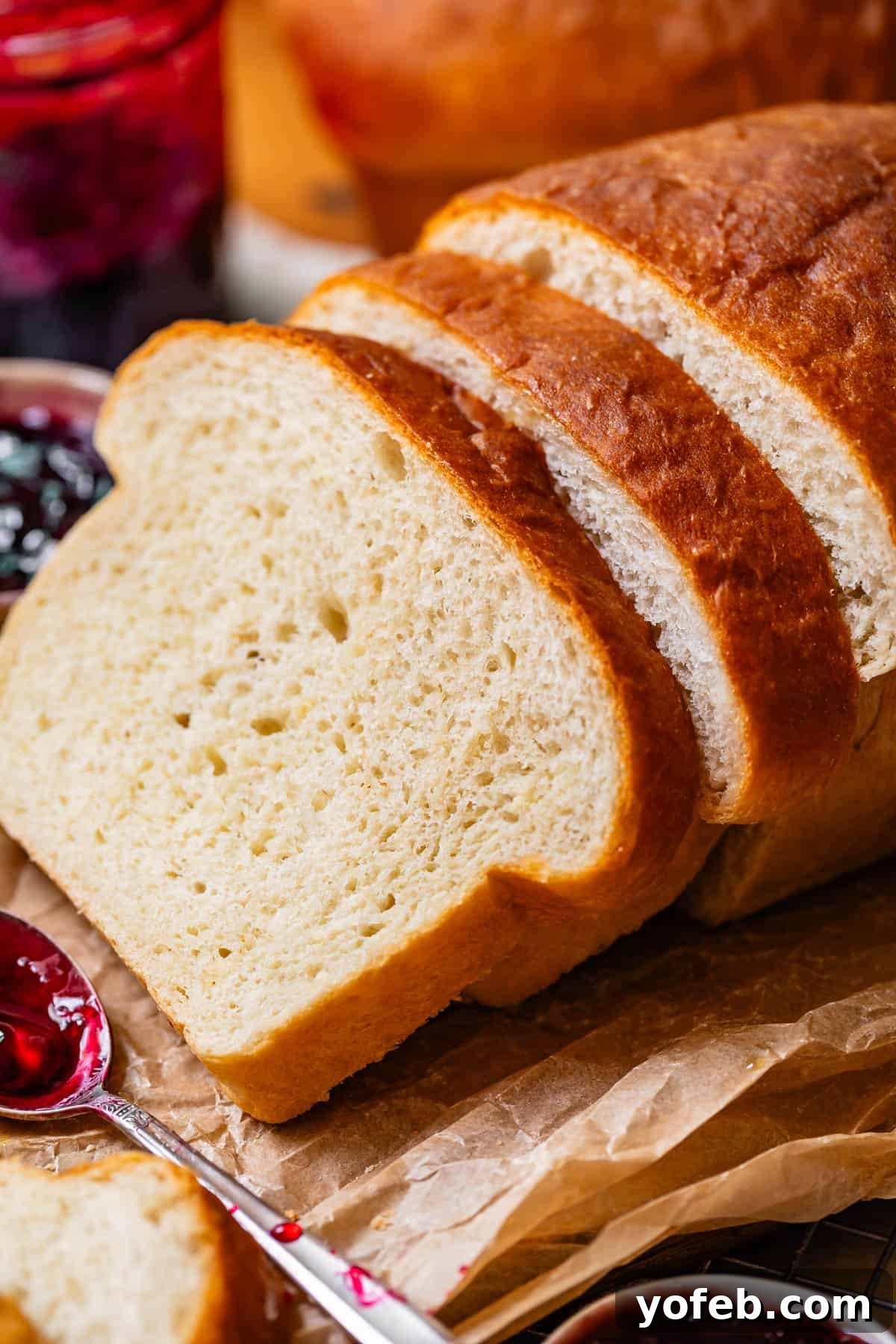 The White Bread Recipe That Ends Your Search 29 A close-up of three slices of homemade white bread arranged on parchment paper, with a spoon full of vibrant red jam nearby.