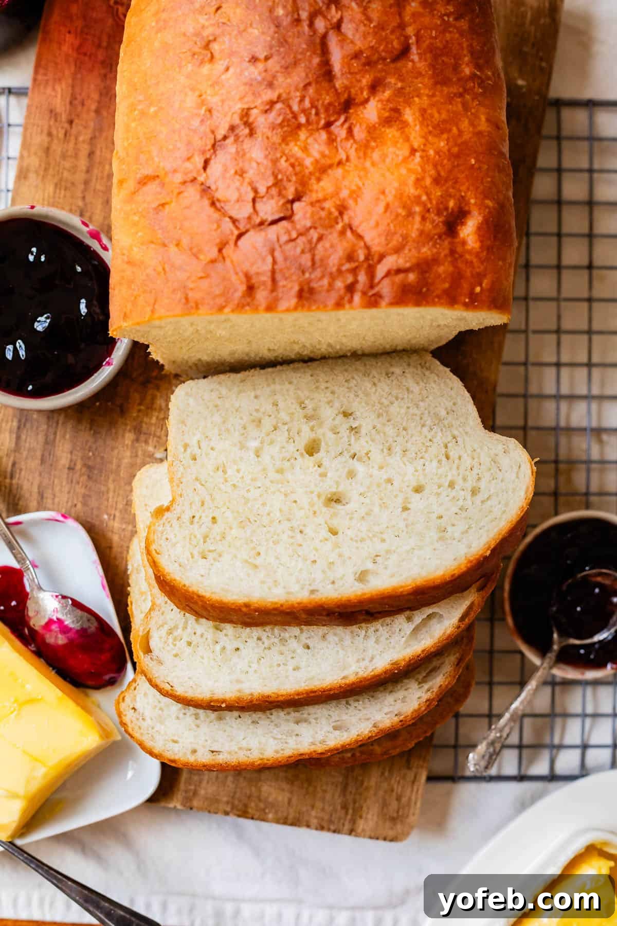 The White Bread Recipe That Ends Your Search 6 A beautiful loaf of homemade white bread, freshly baked and partially sliced on a wooden cutting board, ready to be served.