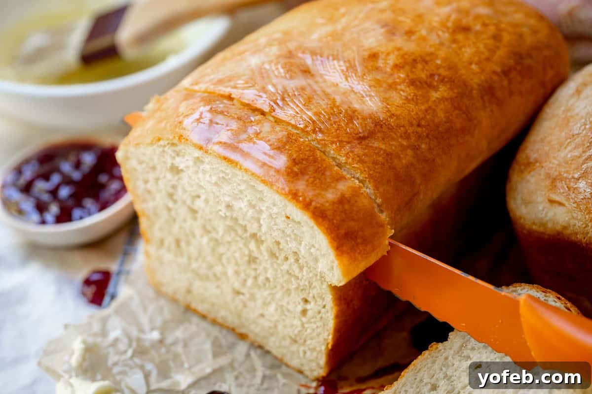 The White Bread Recipe That Ends Your Search 8 A bread knife carefully slicing a thick, even piece from a warm, freshly baked loaf of homemade white bread.