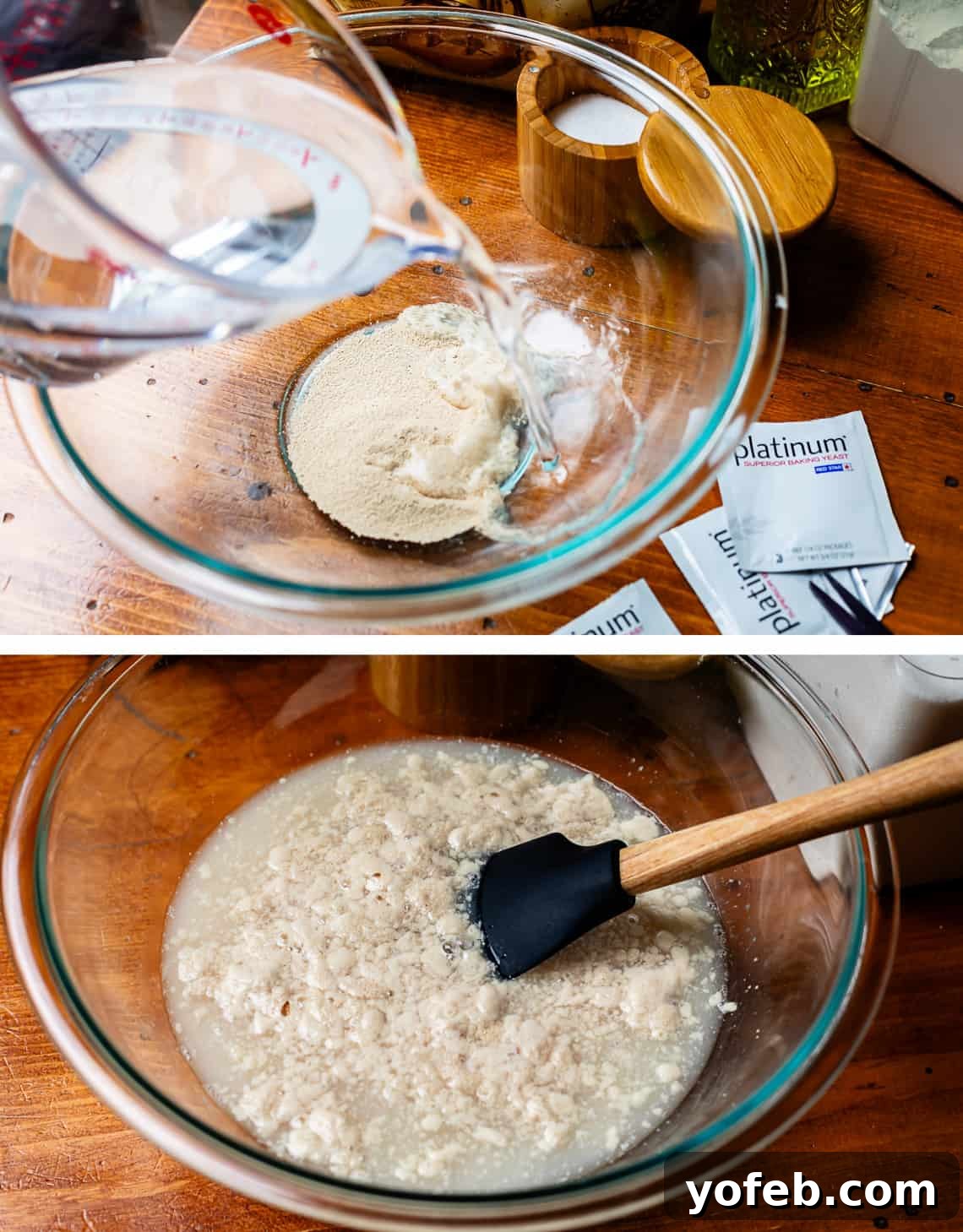The White Bread Recipe That Ends Your Search 10 Two images: top shows pouring warm water over yeast in a bowl, bottom shows stirring the mixture to activate the yeast.