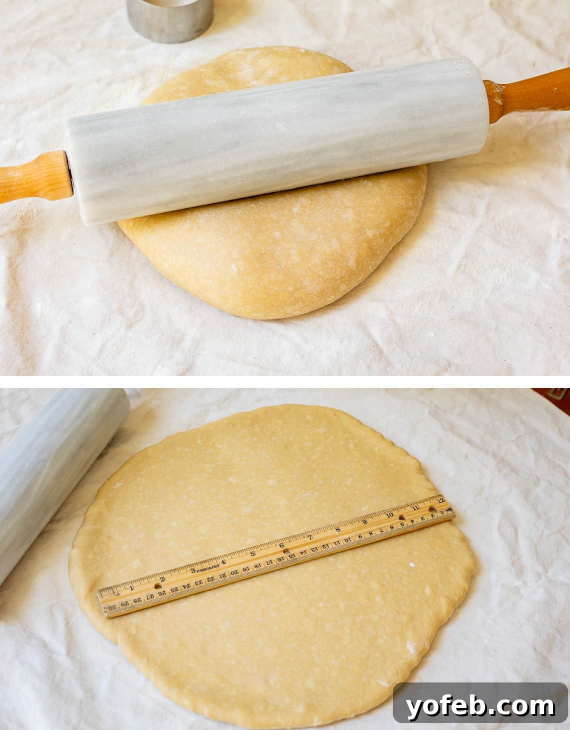 Decadent Bavarian Cream Donuts 13 rolling out donut dough with rolling pin and measuring with a ruler to 12 inches.
