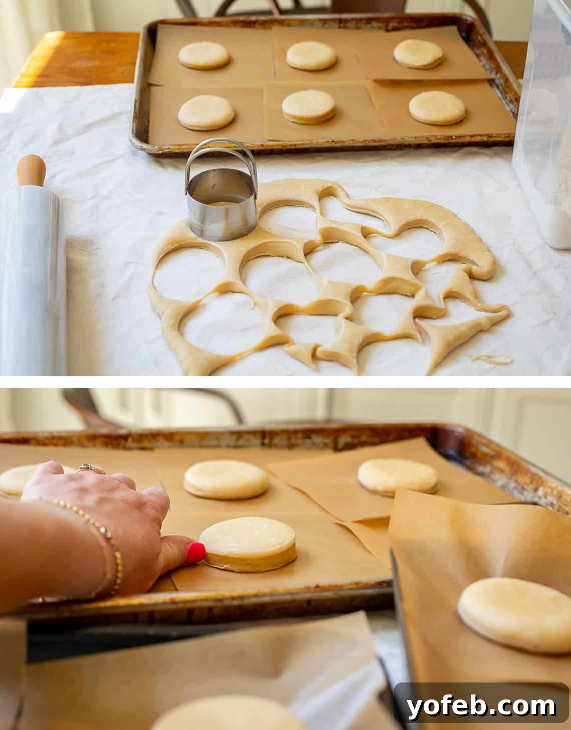 Decadent Bavarian Cream Donuts 14 top biscuit cutter cutting donut rounds, bottom donut rounds on parchment paper on a baking sheet.