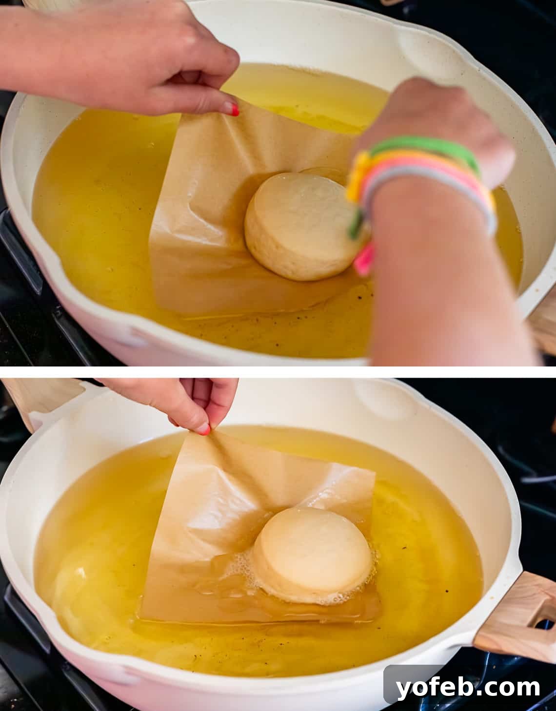 Decadent Bavarian Cream Donuts 18 top slowly lowering parchment paper with donut on it into oil, bottom pulling the paper out.