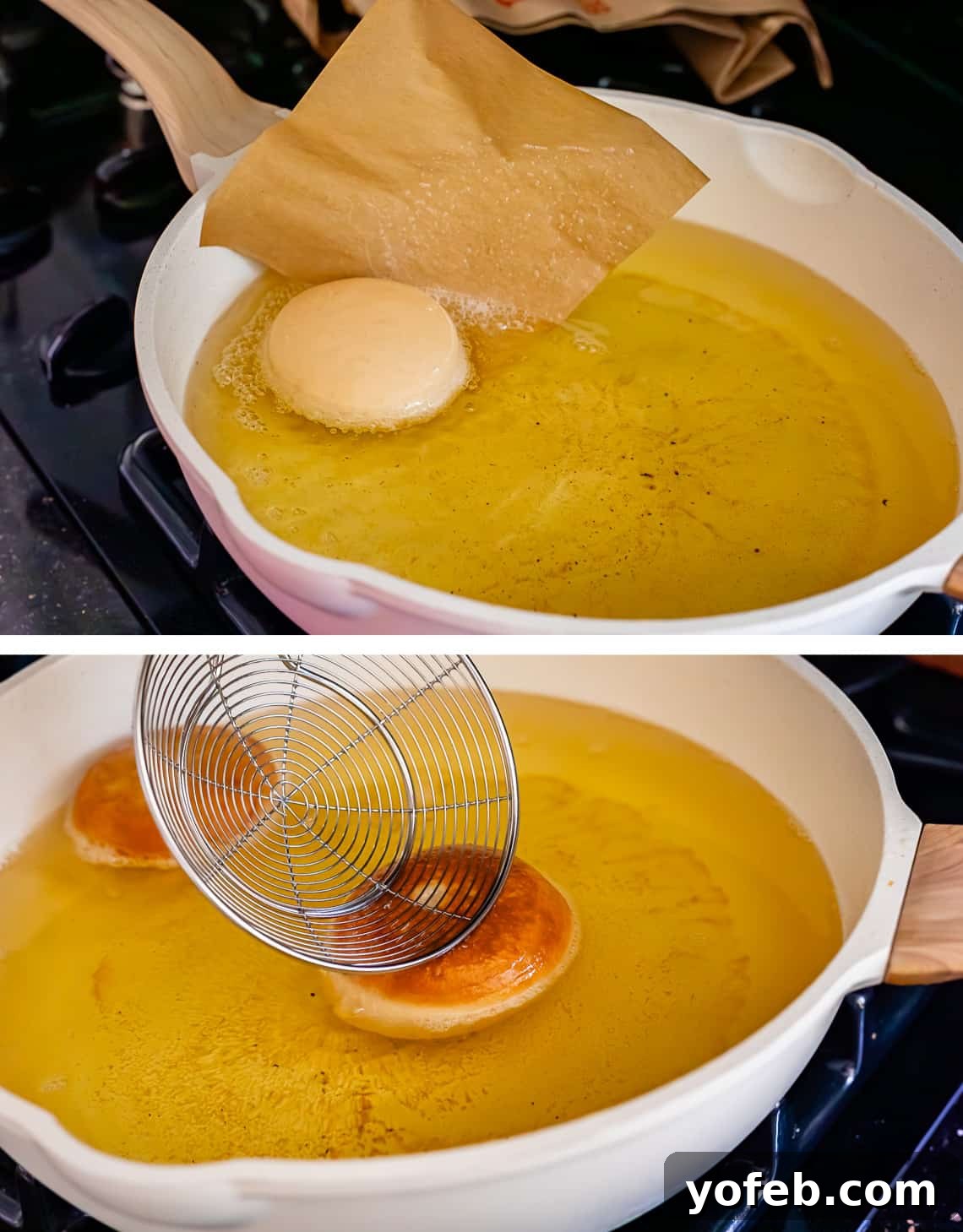 Decadent Bavarian Cream Donuts 19 top pulling paper out from under the donut in the oil, bottom flipping the donut in the oil.