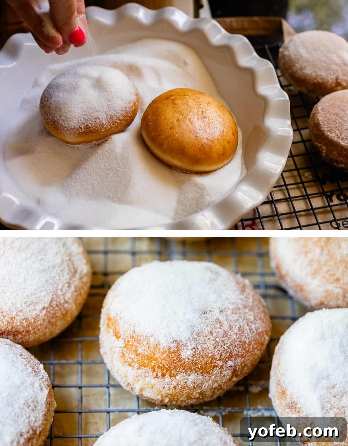 Decadent Bavarian Cream Donuts 20 top fried donuts being coated with sugar, bottom a fully and generously coated donut.