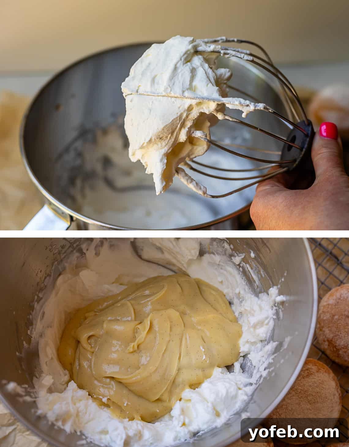 Decadent Bavarian Cream Donuts 21 top mixer with stiff whipped cream after beating, bottom pastry cream poured into the mixer.