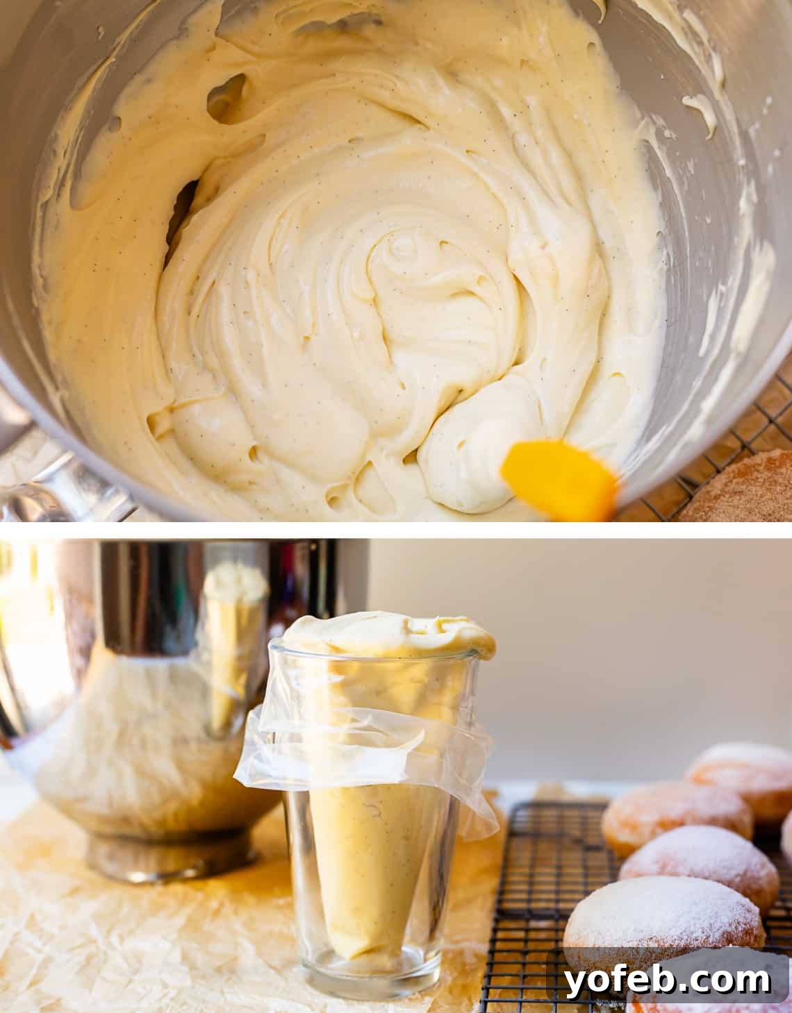 Decadent Bavarian Cream Donuts 22 top folded pastry cream and whipped cream in a mixing bowl bottom loaded in a piping bag in a cup.