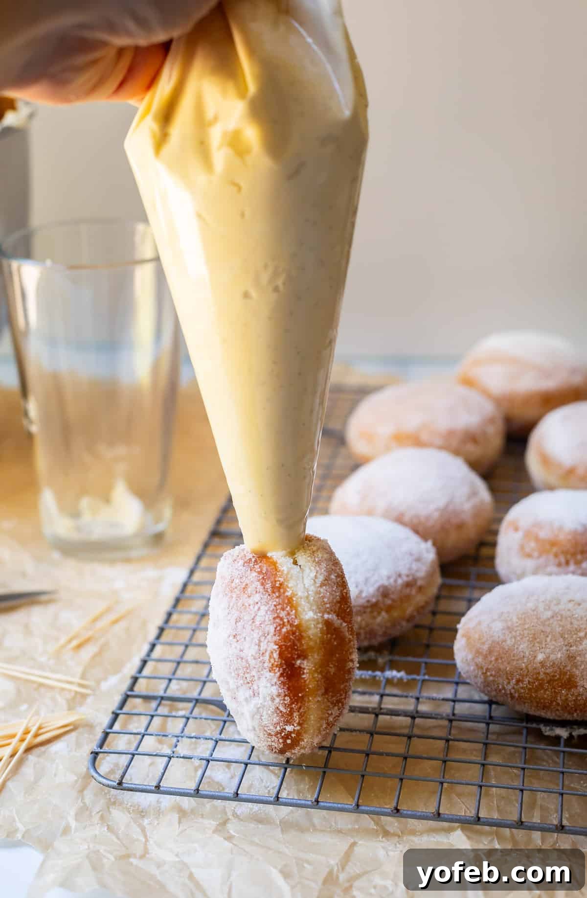 Decadent Bavarian Cream Donuts 24 round donut on end with cream filled piping bag piping the cream into the donut.