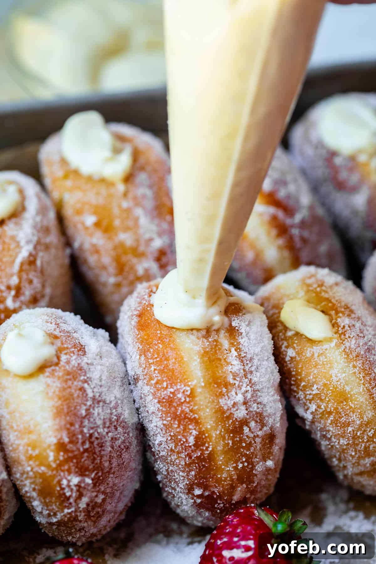 Decadent Bavarian Cream Donuts 25 cream filled pastry bag filling a bavarian cream donut with several already filled donuts around it.