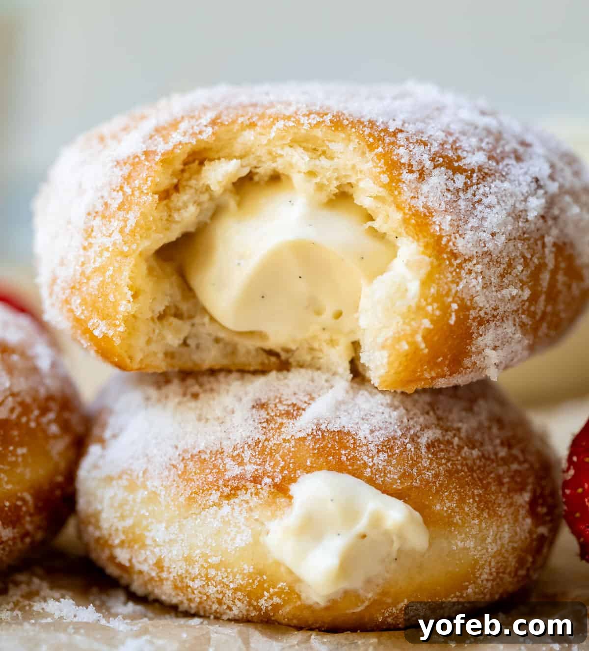 Decadent Bavarian Cream Donuts 29 two stacked cream filled donuts and the top one has a bite taken from it, showing the cream filling.