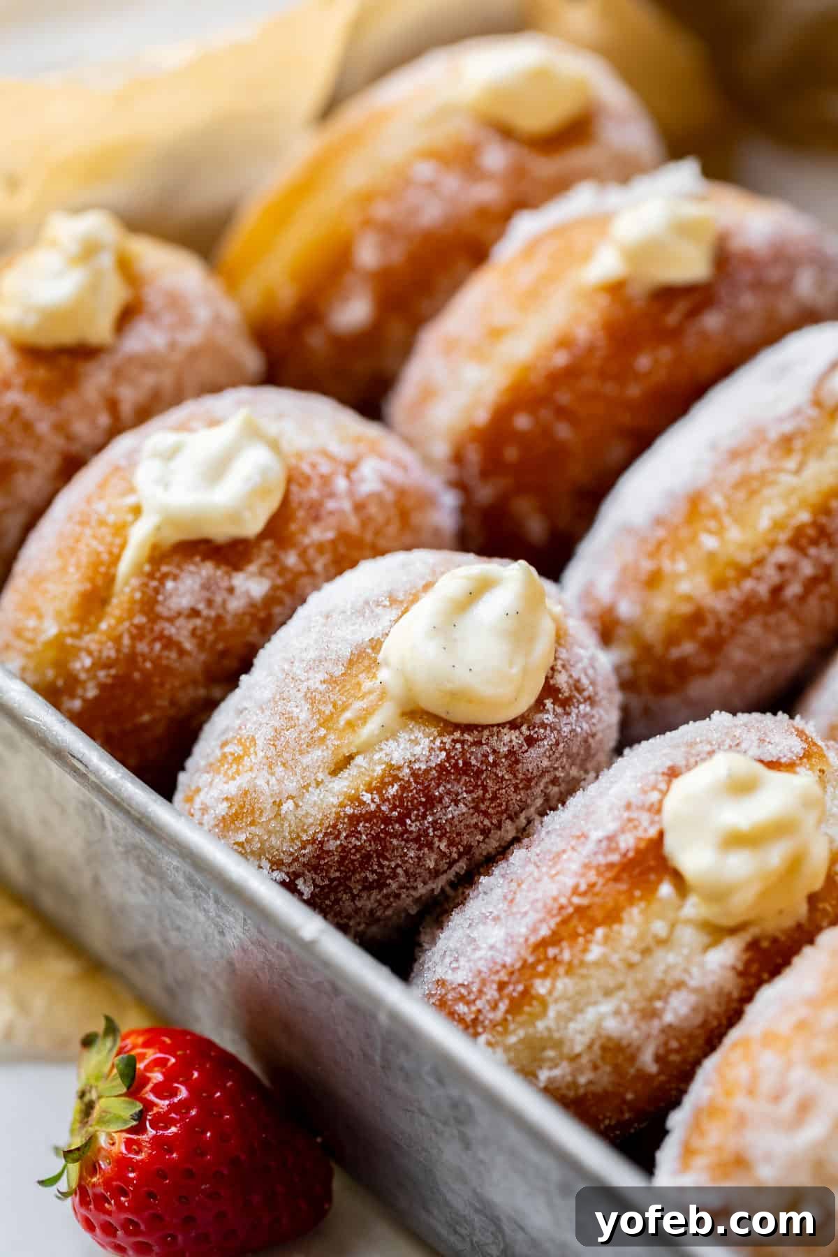 Decadent Bavarian Cream Donuts 7 Homemade Bavarian Cream Donuts in a metal baking tray with a strawberry on the counter next to it.