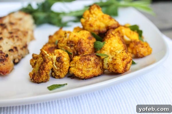 Close-up of perfectly roasted curry cauliflower