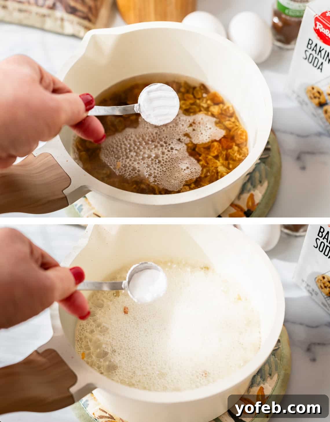 Picnic Perfection: Buttermilk Glazed Cake 13 top baking soda in a measuring spoon bottom fizz in raisin bowl from added baking soda.