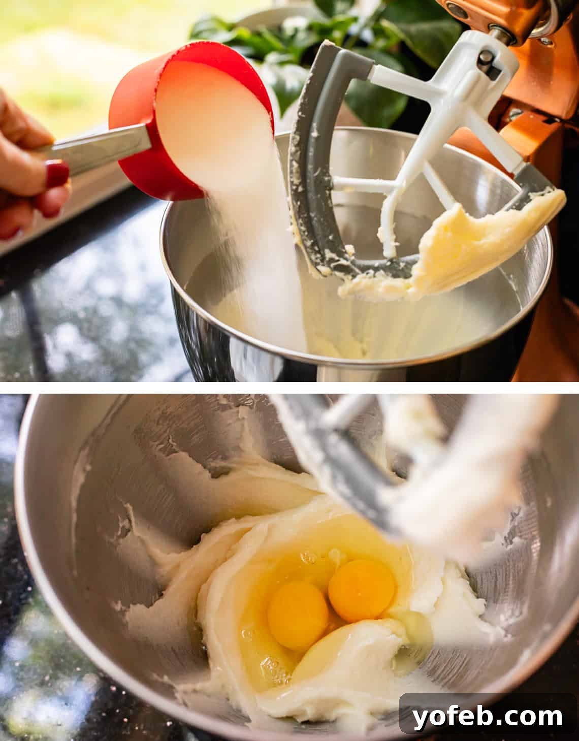 Picnic Perfection: Buttermilk Glazed Cake 14 top pouring sugar into the mixing bowl bottom two cracked eggs in the mixing bowl.