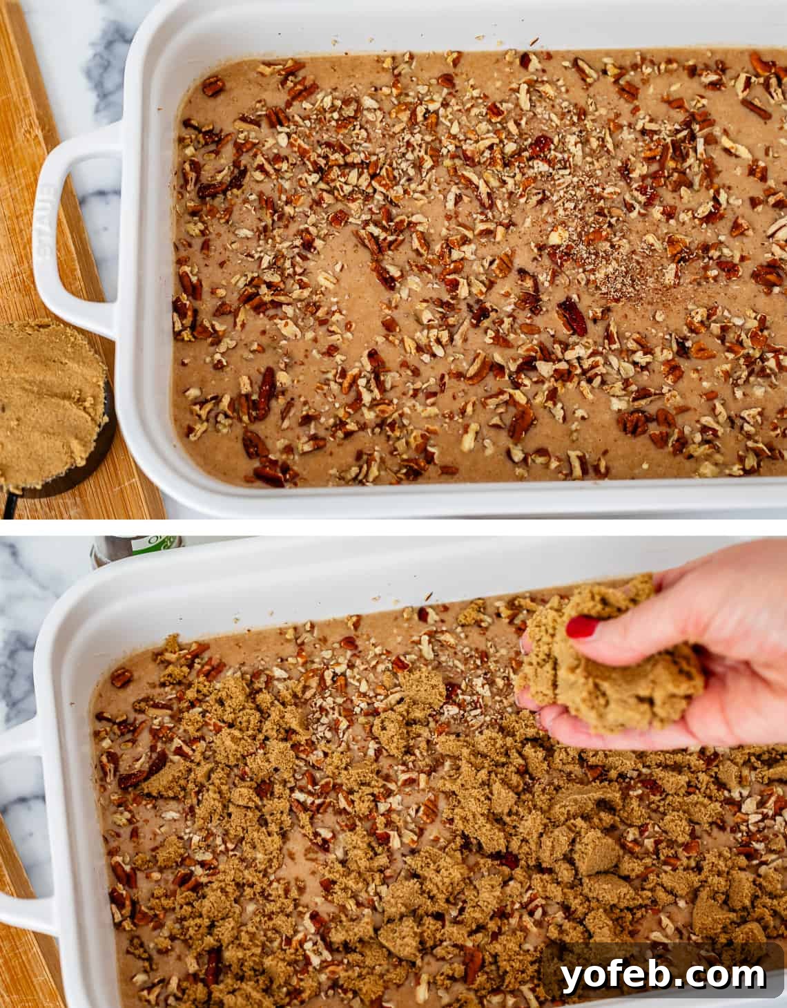 Picnic Perfection: Buttermilk Glazed Cake 17 top pecans layered on top of batter in pan, bottom brown sugar added over the pecans.