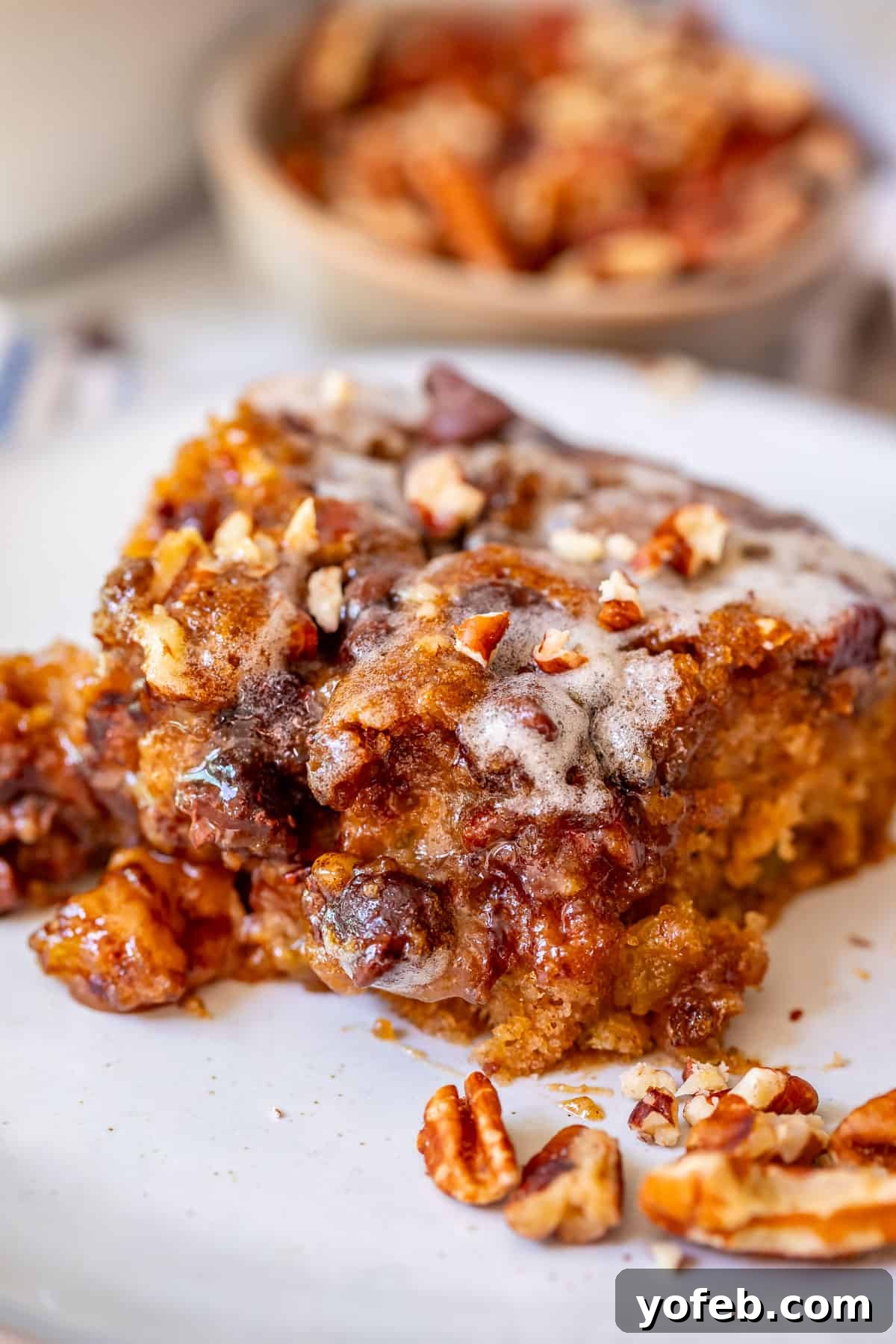 Picnic Perfection: Buttermilk Glazed Cake 8 cut piece of cake showing off the amazing topping of pecans, chocolate, and glaze.