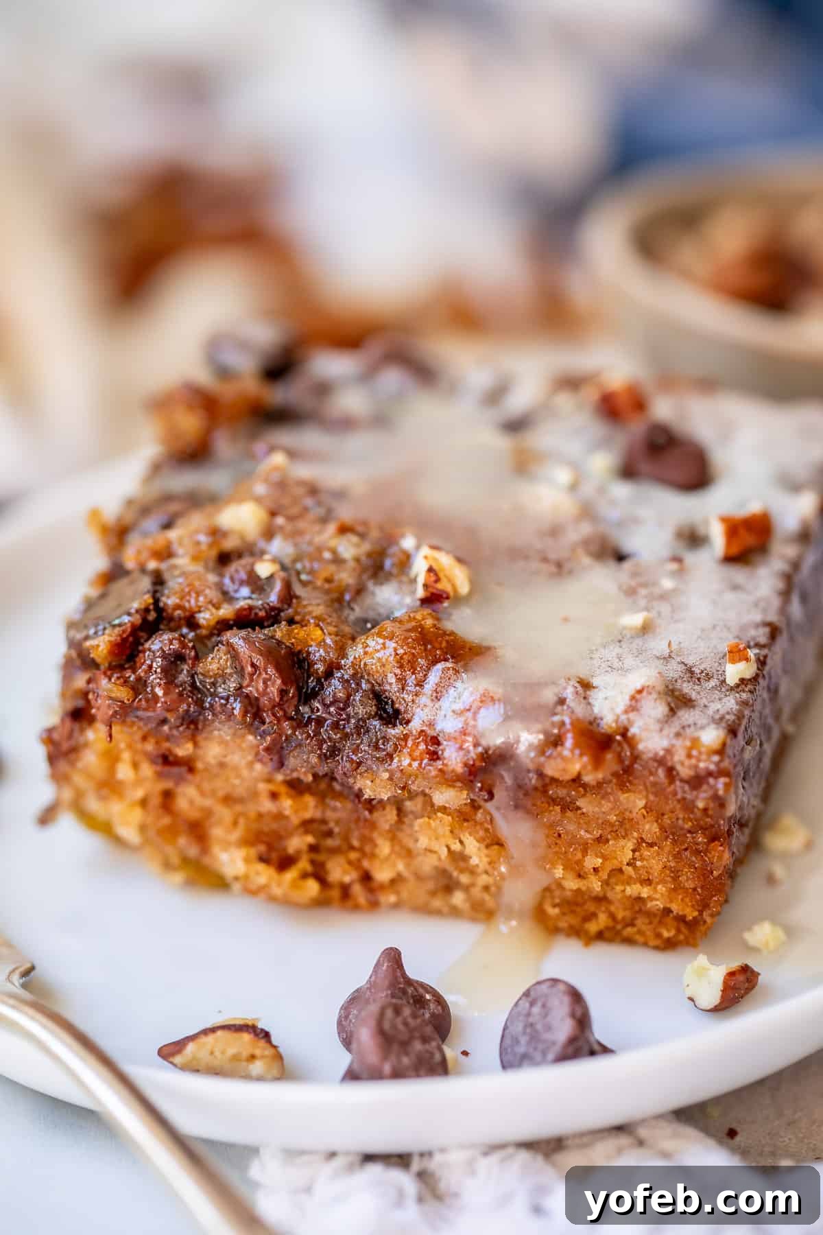 Picnic Perfection: Buttermilk Glazed Cake 9 picnic cake with buttermilk glaze and brown sugar pecan chocolate topping on a ceramic plate.