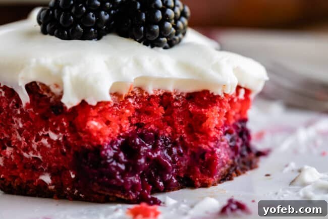 Blackberry Coconut Dream Cake 3 A close-up of a slice of moist blackberry cake with a vibrant red and purple interior, topped with creamy white frosting and fresh blackberries, set on a white plate.