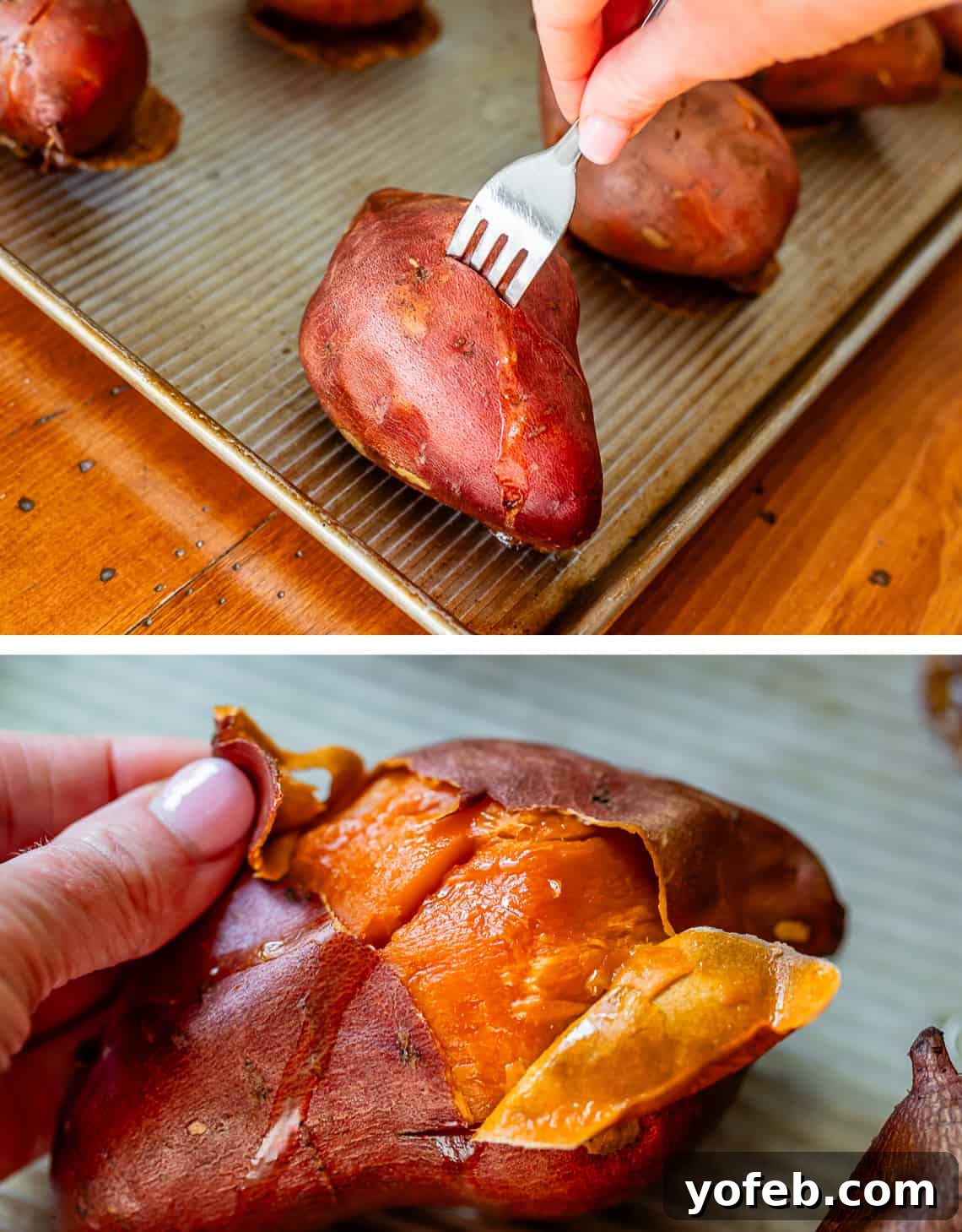 Golden Sweet Potato Pie Crowned with Salted Caramel Cream 12 fork testing a sweet potato to see if it's cooked through, peeling the skin off a cooked potato.