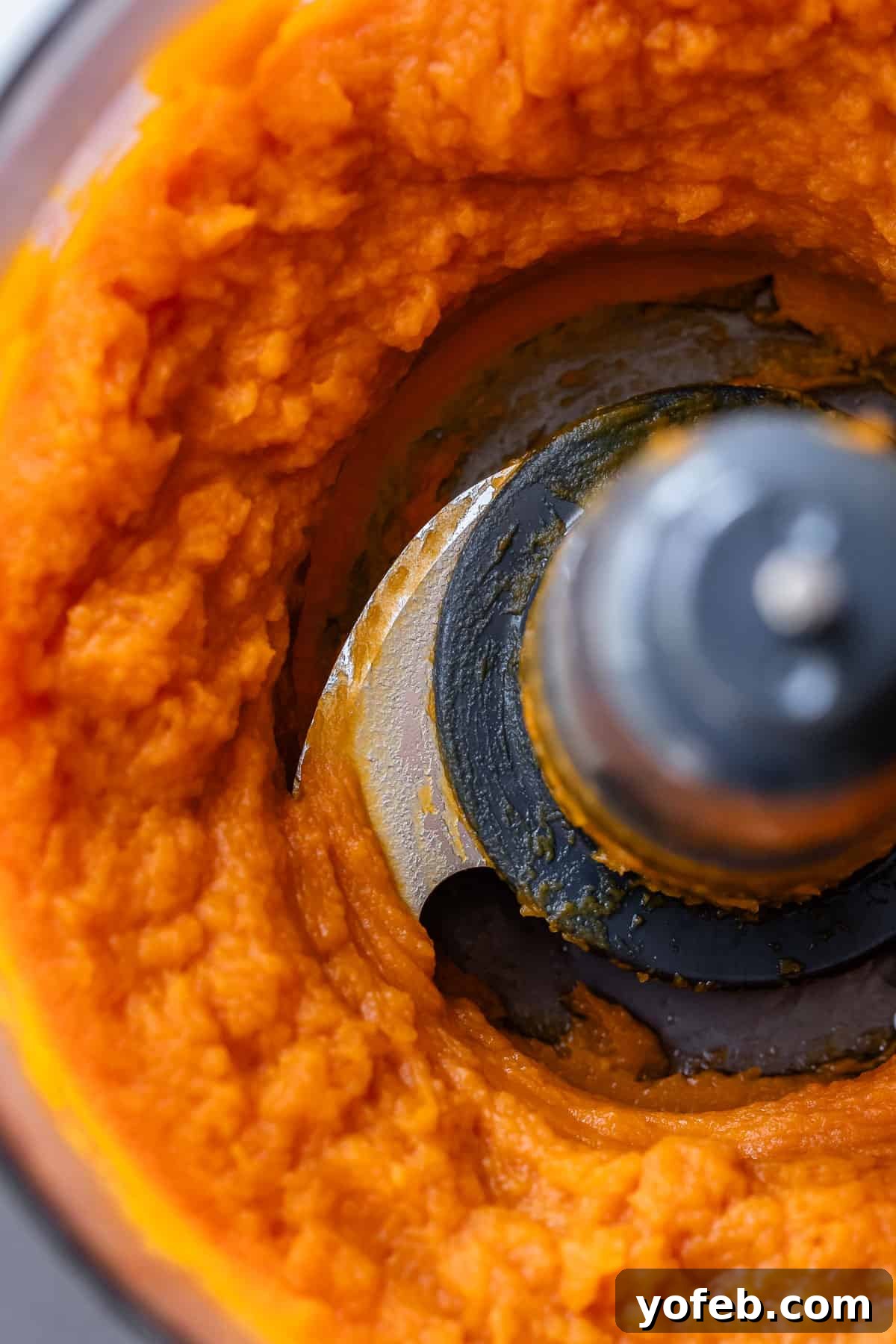 Golden Sweet Potato Pie Crowned with Salted Caramel Cream 13 looking down into a food processor that has whipped roasted sweet potato smooth.