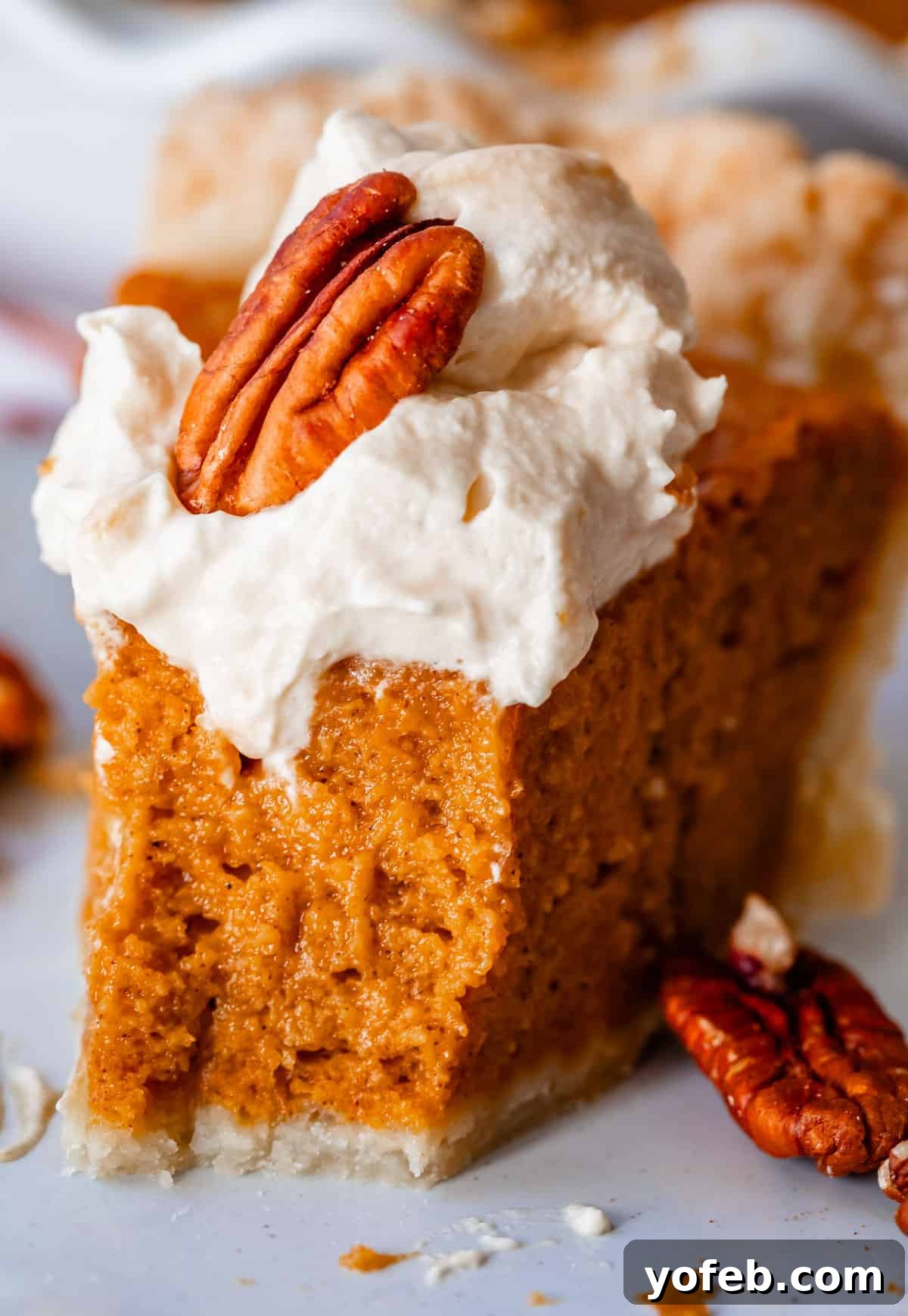 Golden Sweet Potato Pie Crowned with Salted Caramel Cream 14 slice of sweet potato pie topped with salted caramel whipped cream with a bite taken from it.
