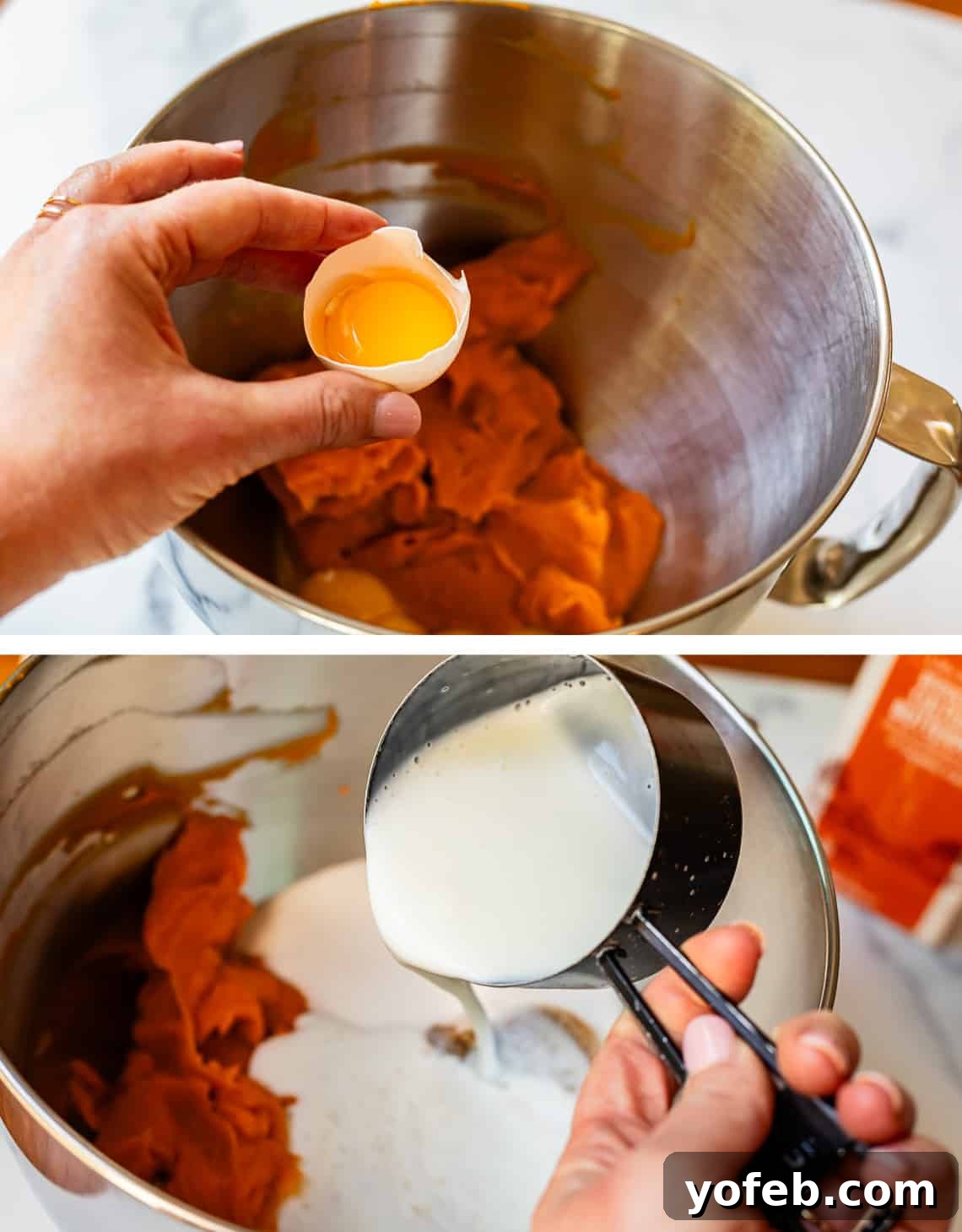 Golden Sweet Potato Pie Crowned with Salted Caramel Cream 19 top, egg yolk in shell about to be added to mixing bowl, bottom pouring buttermilk in bowl.