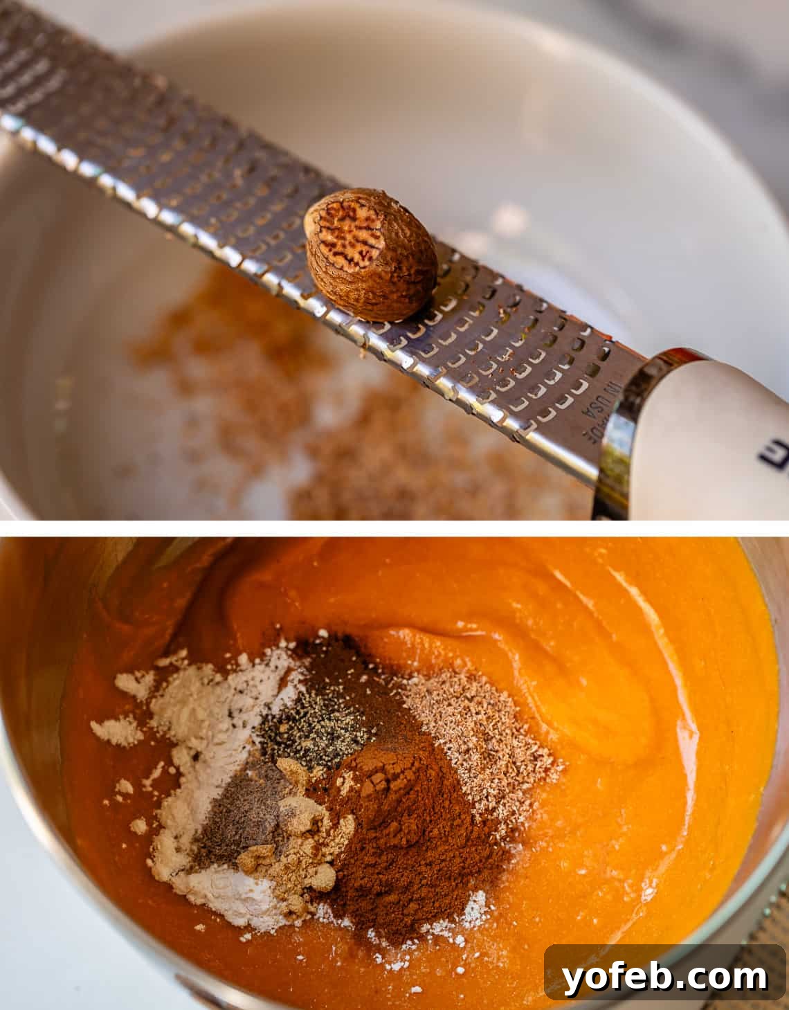 Golden Sweet Potato Pie Crowned with Salted Caramel Cream 20 top whole nutmeg sitting on a microplane zester, bottom all the spices added to mixing bowl.