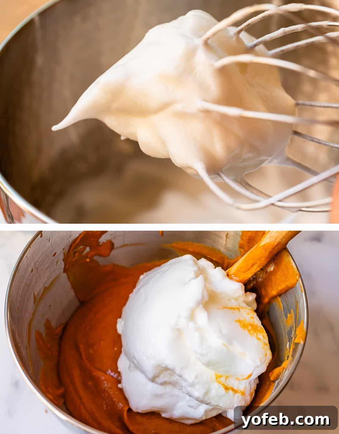 Golden Sweet Potato Pie Crowned with Salted Caramel Cream 21 top egg whites shipped to stiff peaks, bottom stiff egg whites added to mixing bowl to fold in.