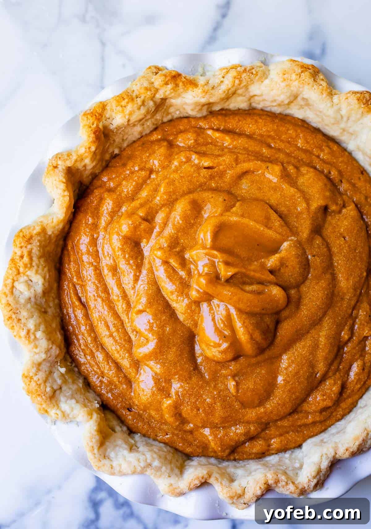Golden Sweet Potato Pie Crowned with Salted Caramel Cream 23 overhead shot looking down on a sweet potato pie with raw filling ready to be baked.