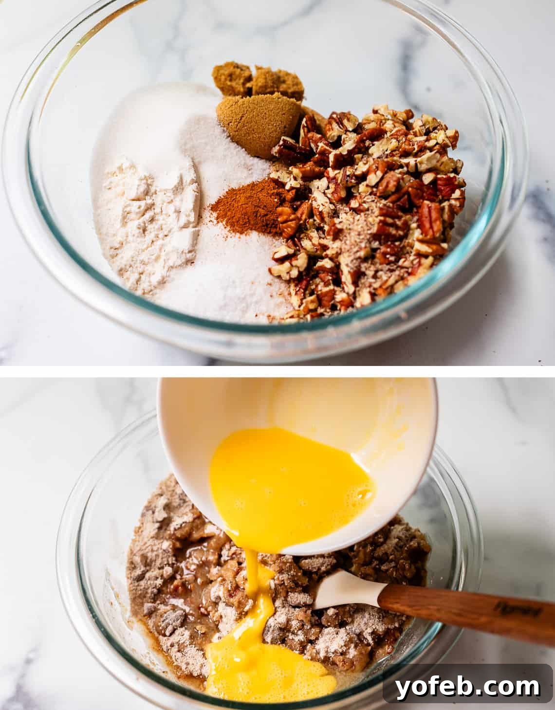 Golden Sweet Potato Pie Crowned with Salted Caramel Cream 25 top glass bowl with dry praline topping ingredients, bottom pouring egg into the bowl.