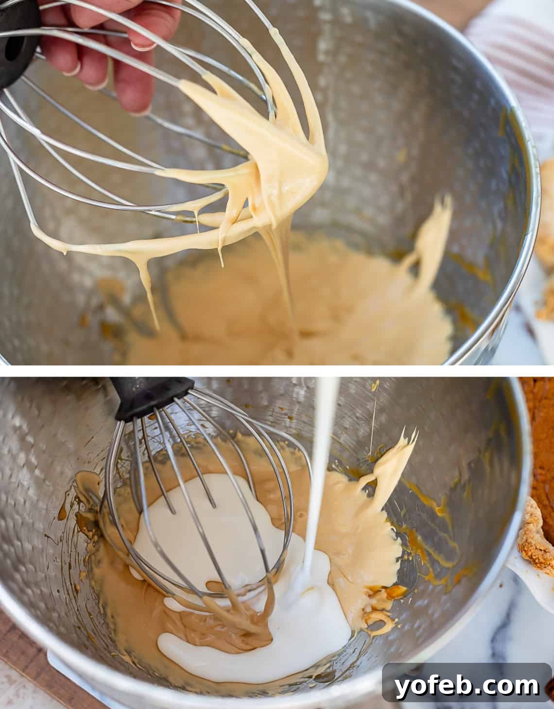 Golden Sweet Potato Pie Crowned with Salted Caramel Cream 28 top whipped caramel dripping off a whisk into a mixing bowl, bottom adding cream to bowl to whip.