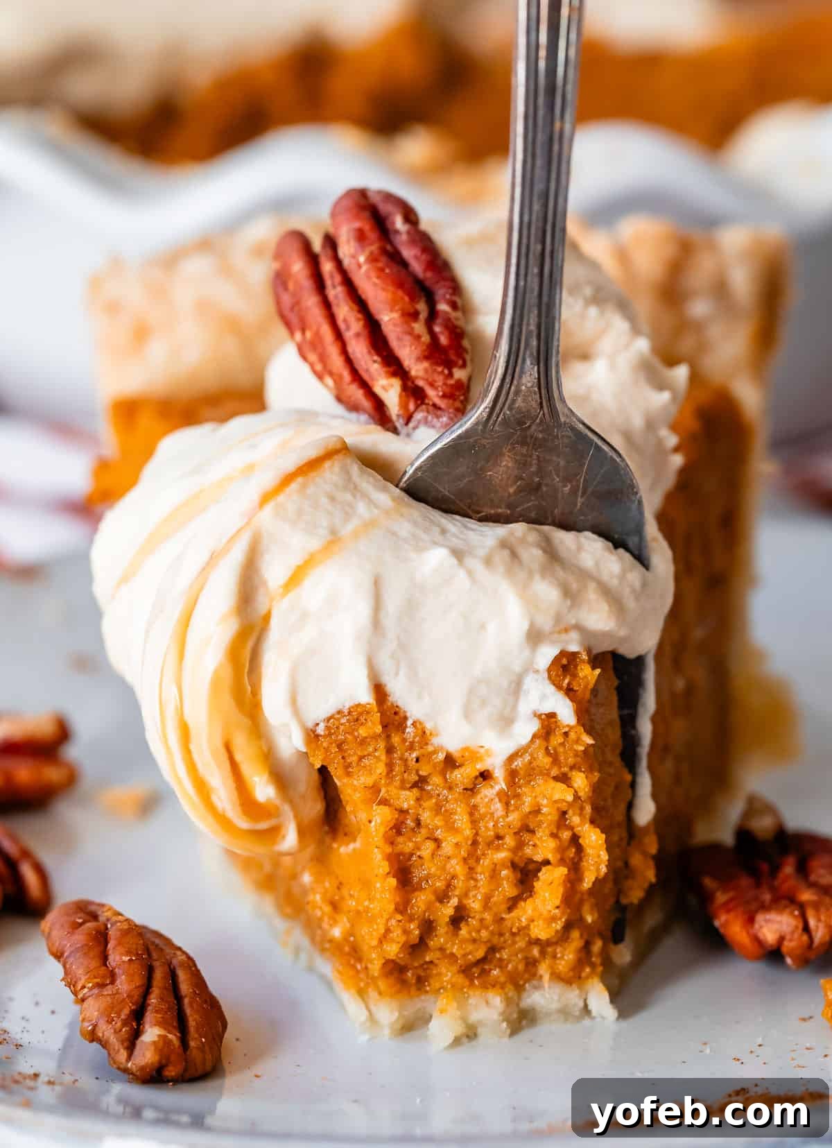 Golden Sweet Potato Pie Crowned with Salted Caramel Cream 32 fork digging into a slice of southern sweet potato pie with a delicious salted caramel whipped cream.