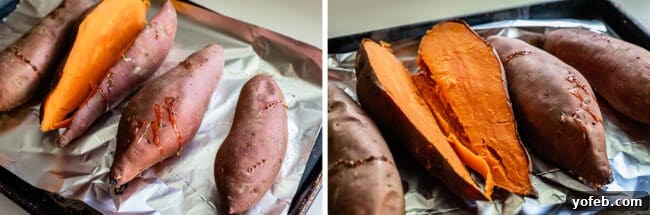 Golden Sweet Potato Pie Crowned with Salted Caramel Cream 5 sweet potatoes split open on a pan after baking.