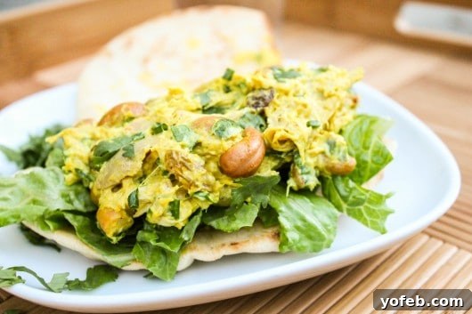 Close-up of Curried Chicken Salad, showing texture and ingredients
