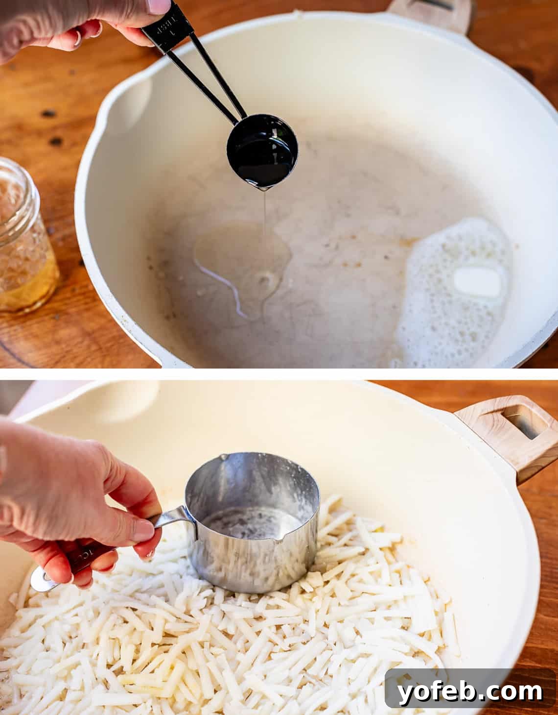 The Ultimate Make Ahead Breakfast Burrito Recipe 11 Measuring bacon grease on a pan for cooking and picture of packing hash browns in pan.