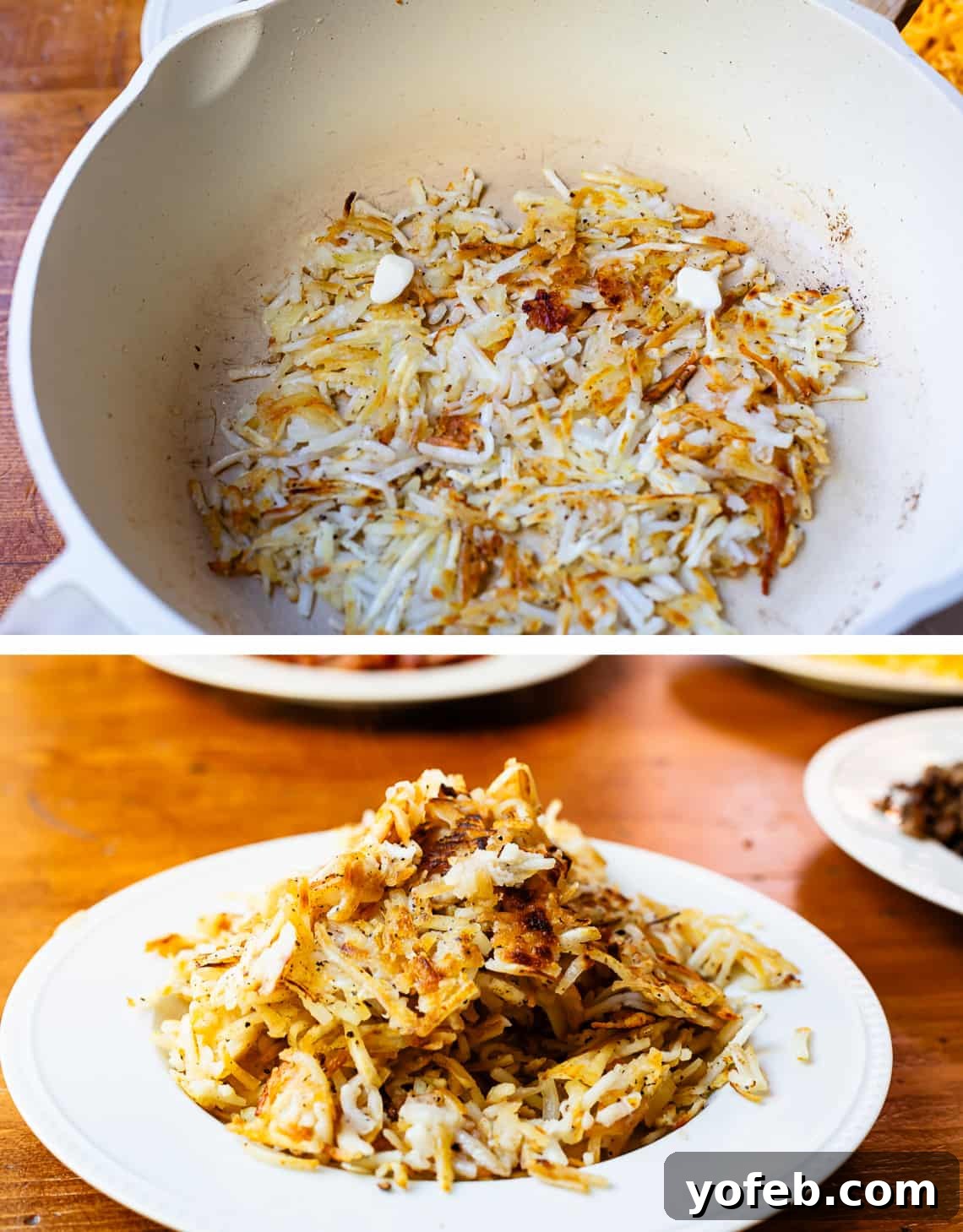 The Ultimate Make Ahead Breakfast Burrito Recipe 12 Cooking hashbrowns in a pan on the stove with butter on top and stacked cooked hasbrowns on a white plate looking crispy.