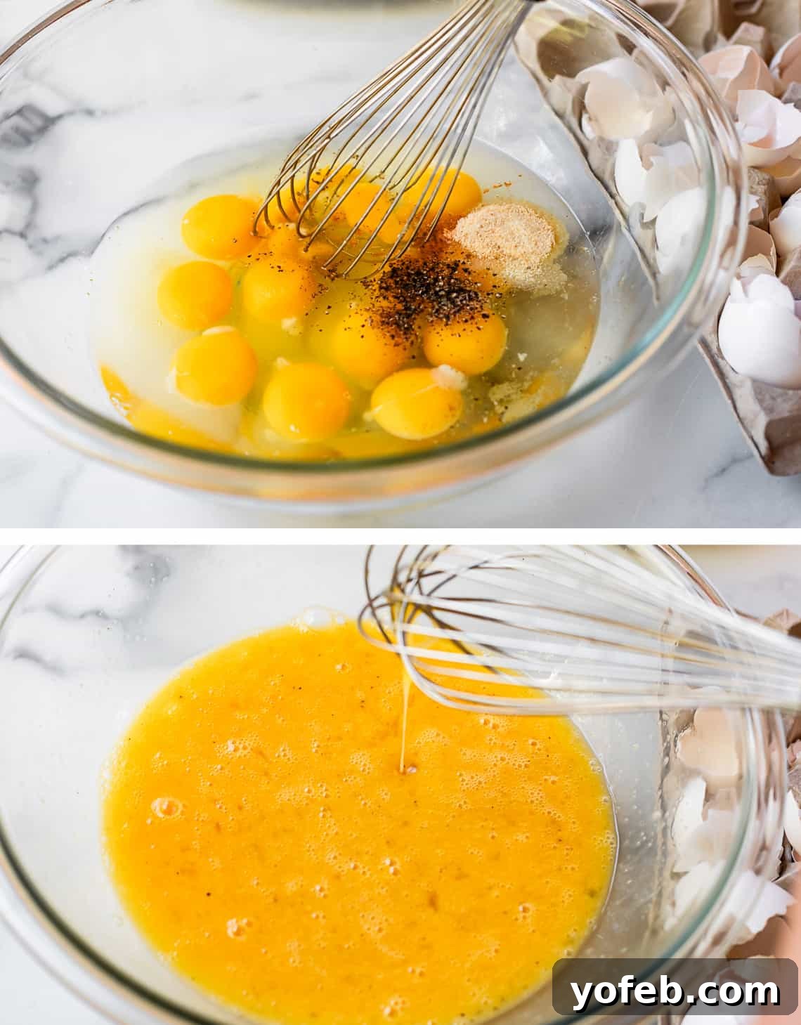 The Ultimate Make Ahead Breakfast Burrito Recipe 13 Cracked eggs in a clear glass bowl with spices ready to be whisked and mixed eggs in bowl after being whisked.
