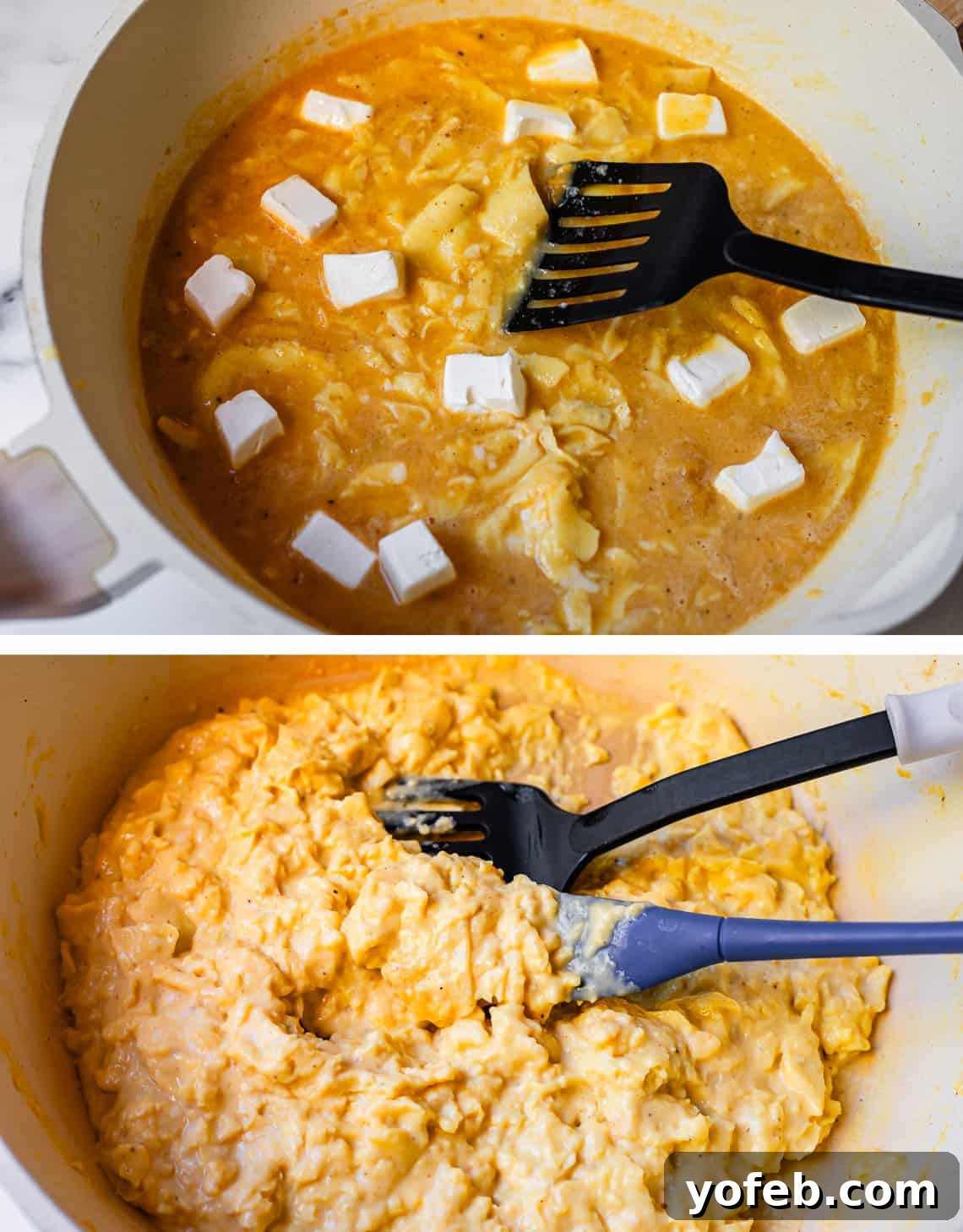 The Ultimate Make Ahead Breakfast Burrito Recipe 14 Scrambled eggs being cooked with chunks of cream cheese added in and cooked eggs after being fully cooked.