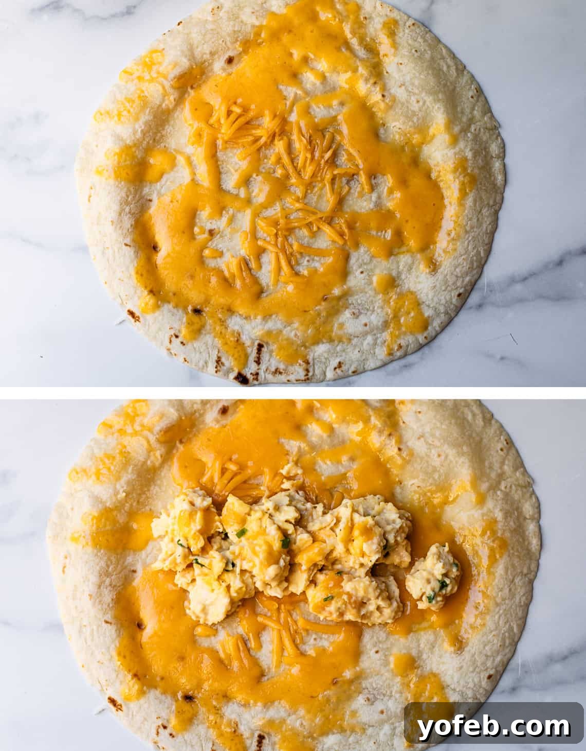 The Ultimate Make Ahead Breakfast Burrito Recipe 16 Cheese scattered on tortilla followed by eggs being added to create burrito.