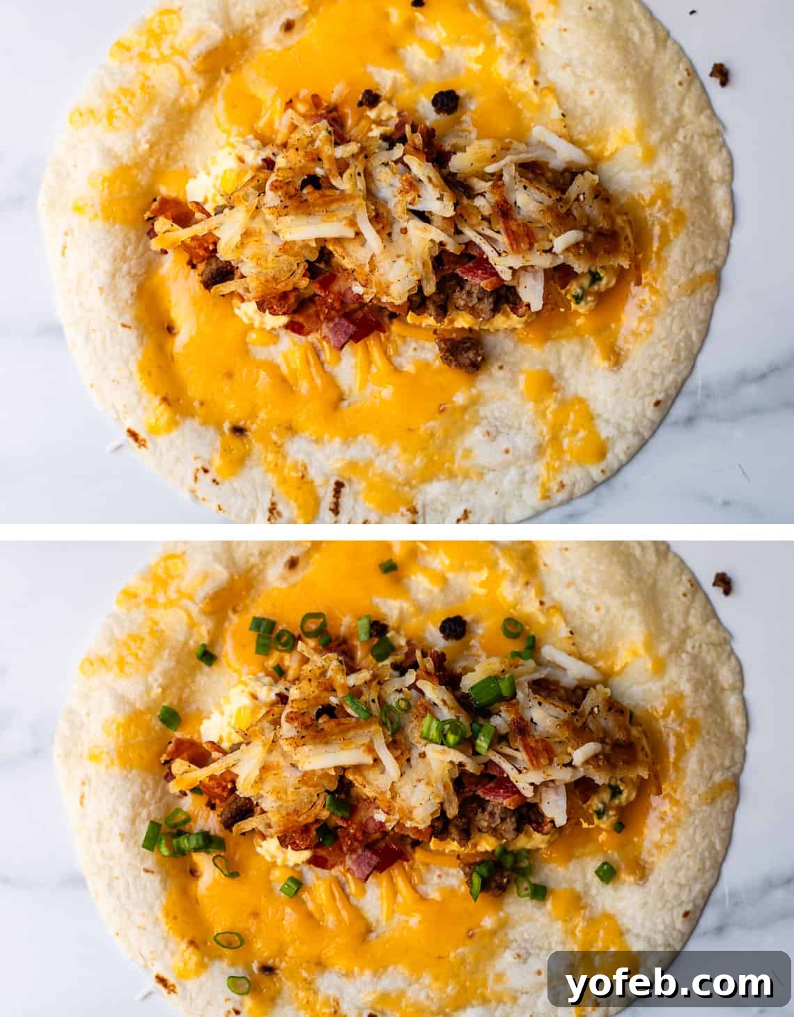The Ultimate Make Ahead Breakfast Burrito Recipe 17 Breakfast burrito with toppings added included hashbrowns, green onions, eggs, meat, and cheese ready to be rolled up.