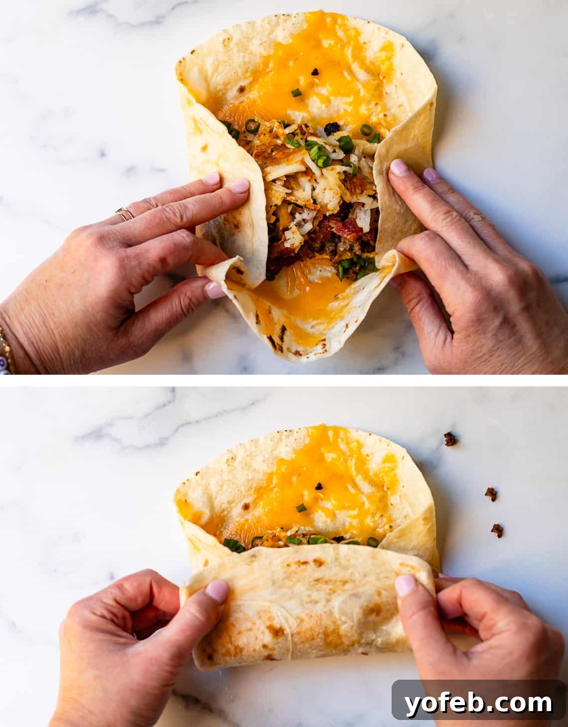 The Ultimate Make Ahead Breakfast Burrito Recipe 18 Folding a breakfast burrito starting with the sides and then folding from the bottom.