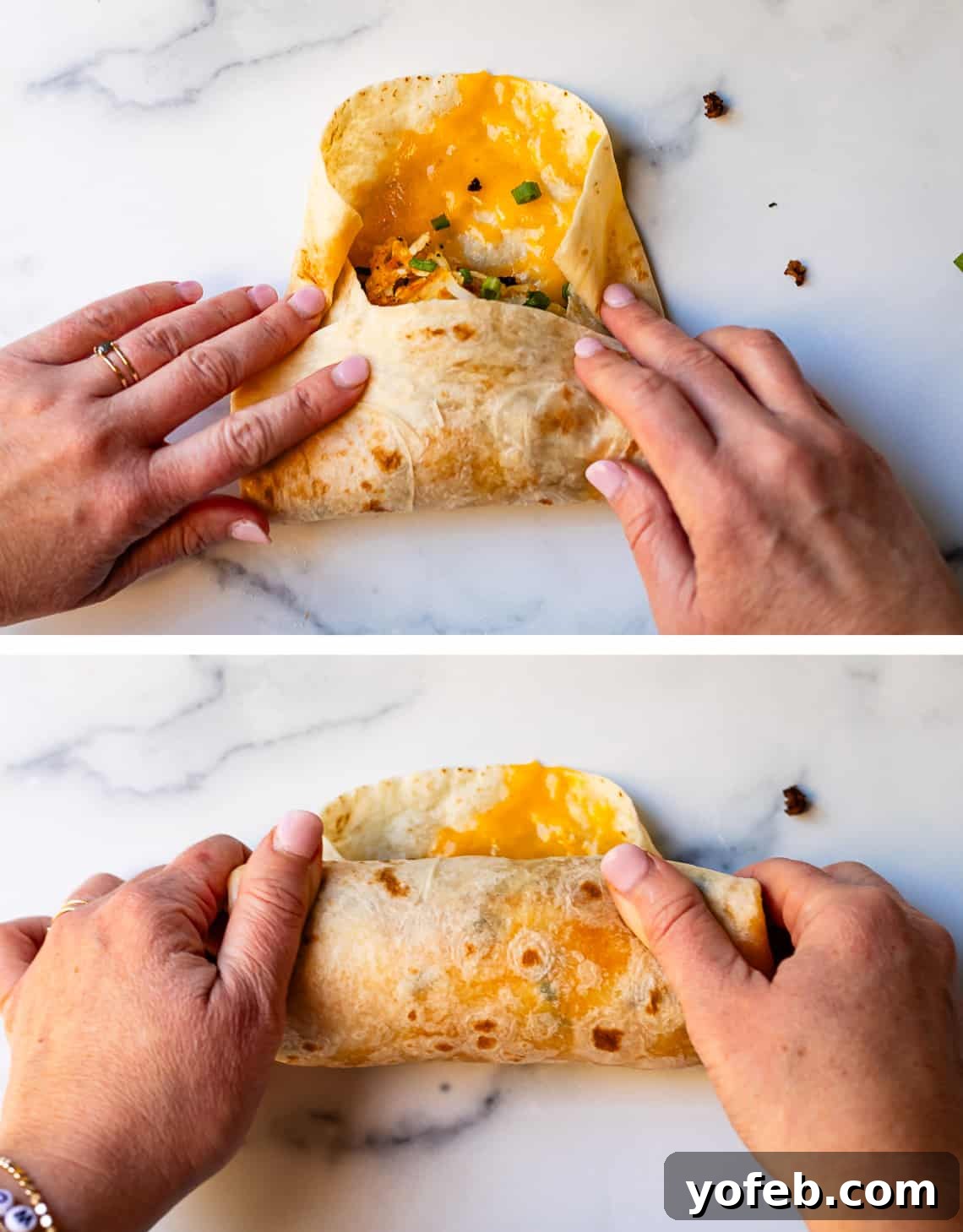 The Ultimate Make Ahead Breakfast Burrito Recipe 19 Folding over the top edge of a burrito and completed burrito.
