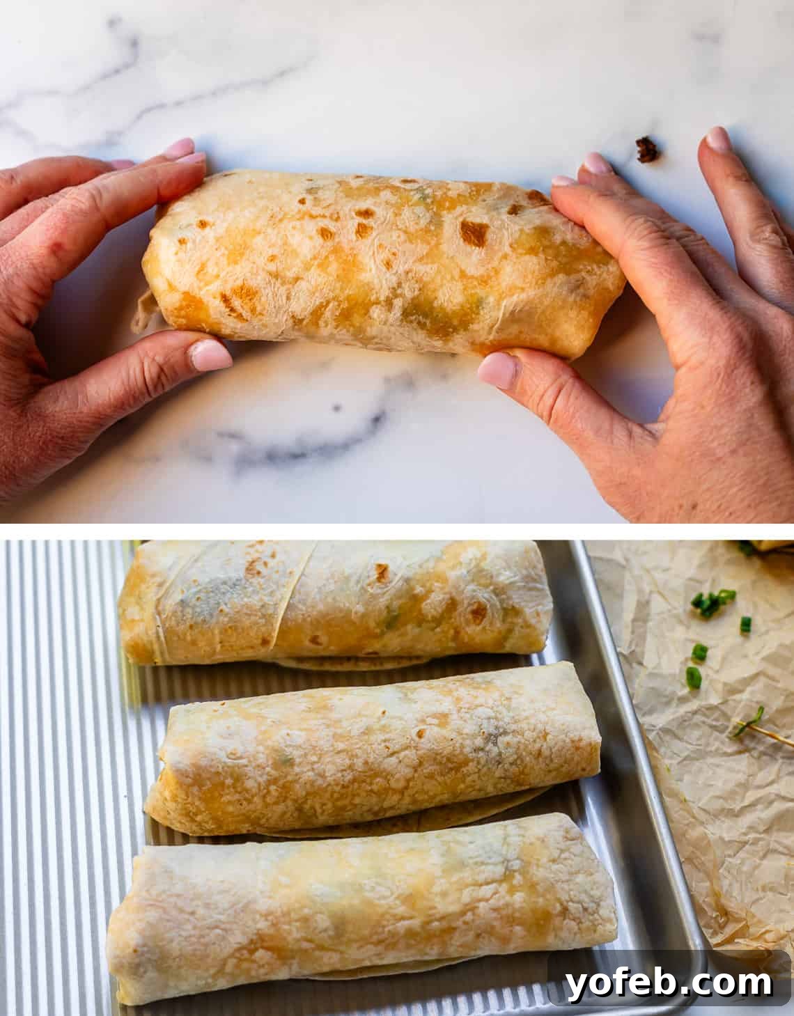 The Ultimate Make Ahead Breakfast Burrito Recipe 20 Breakfast burrito folded and pan with multiple breakfast burritos ready to be eaten or stored for freezing.