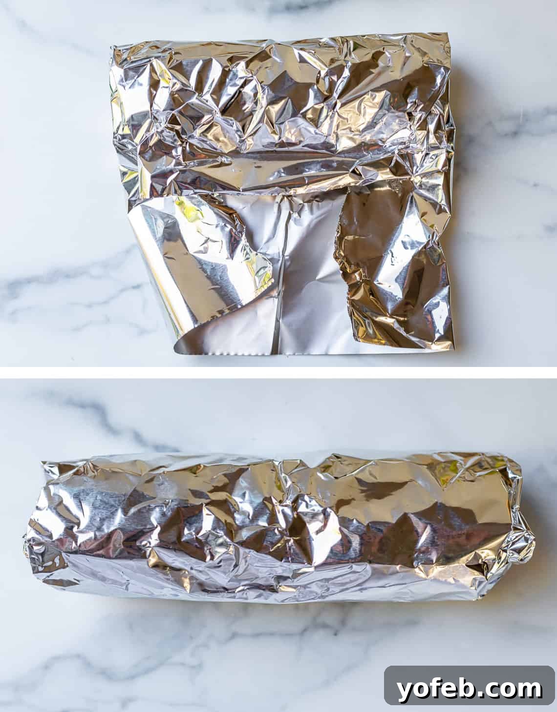 The Ultimate Make Ahead Breakfast Burrito Recipe 22 Fully wrapped breakfast burrito in foil ready to be frozen.