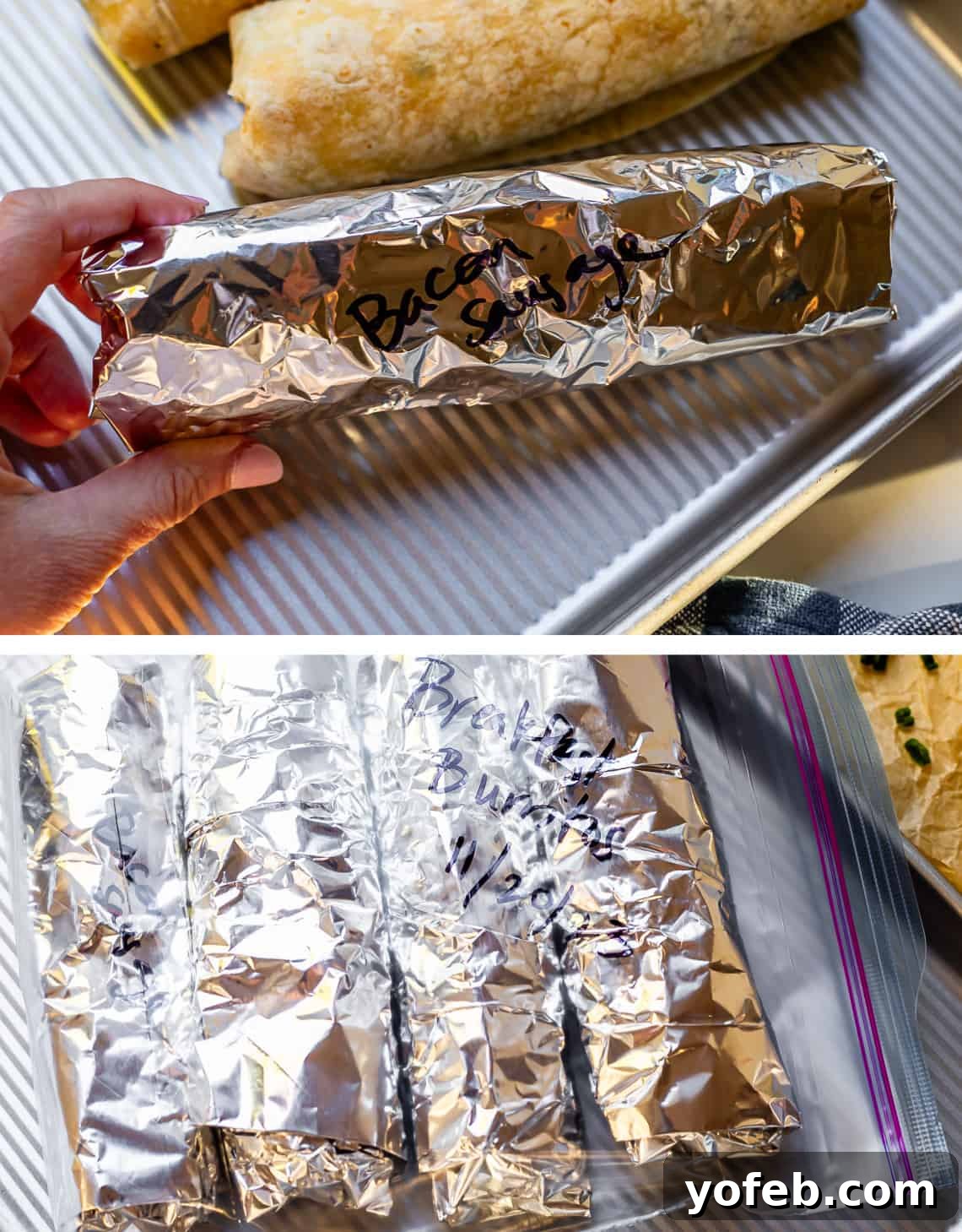 The Ultimate Make Ahead Breakfast Burrito Recipe 23 Wrapped breakfast burritos in foil ready to be frozen in ziploc bag.