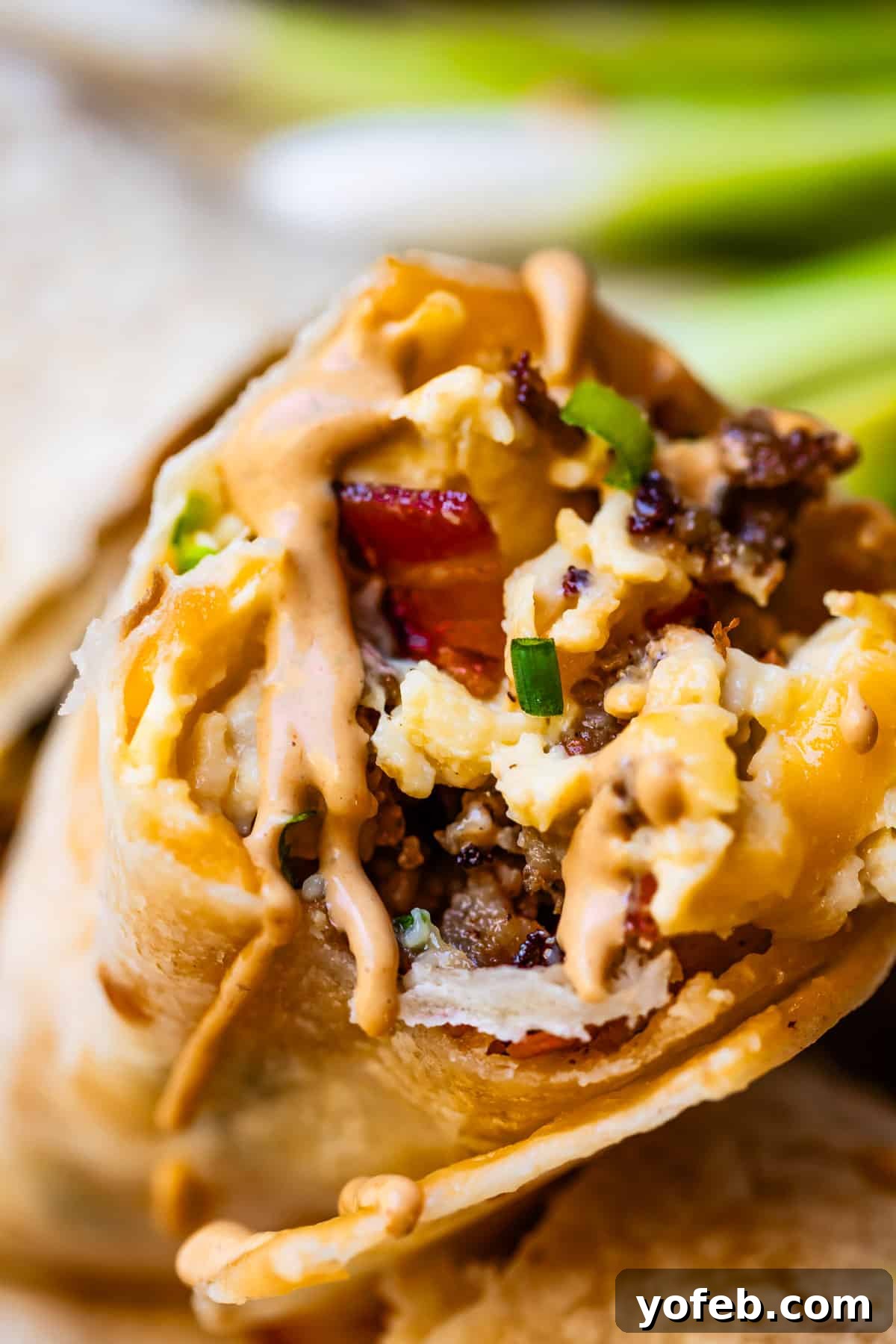 The Ultimate Make Ahead Breakfast Burrito Recipe 24 Close-up shot of breakfast burrito with sausage, eggs, bacon, and green onion.