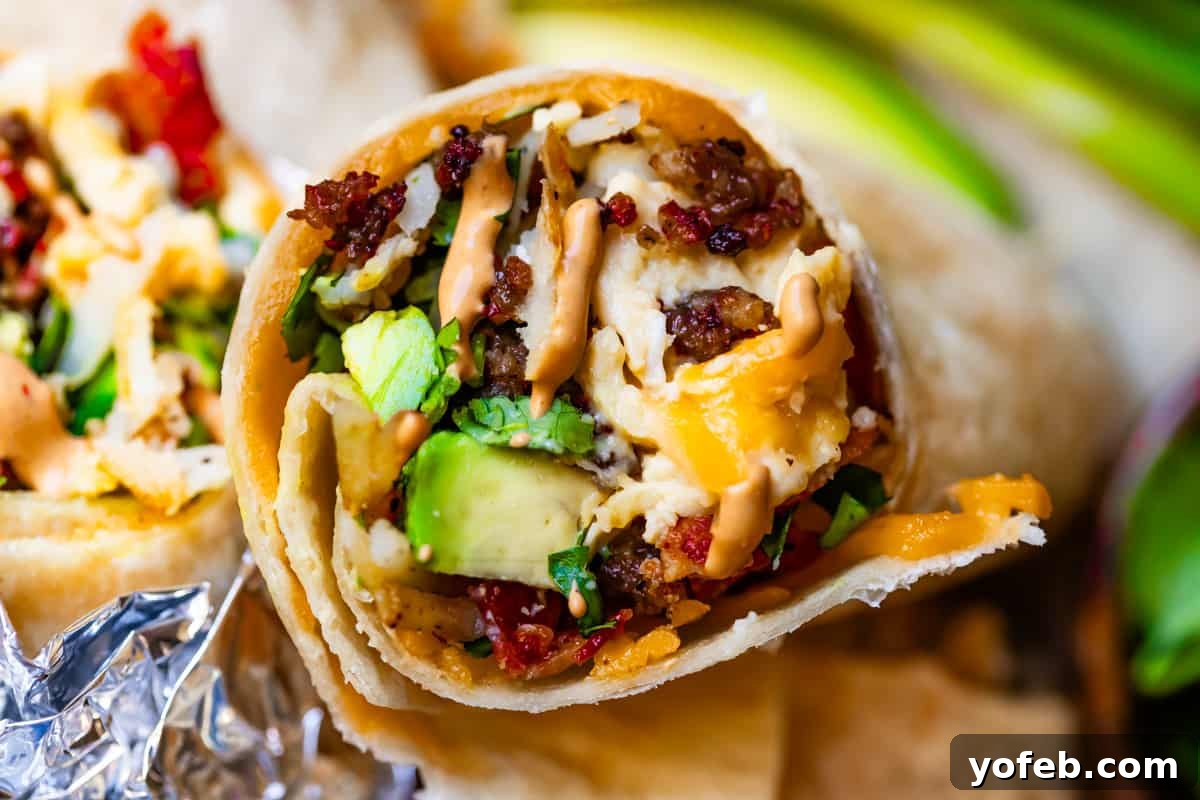 The Ultimate Make Ahead Breakfast Burrito Recipe 4 horizontal shot of breakfast burrito with chipotle mayo.