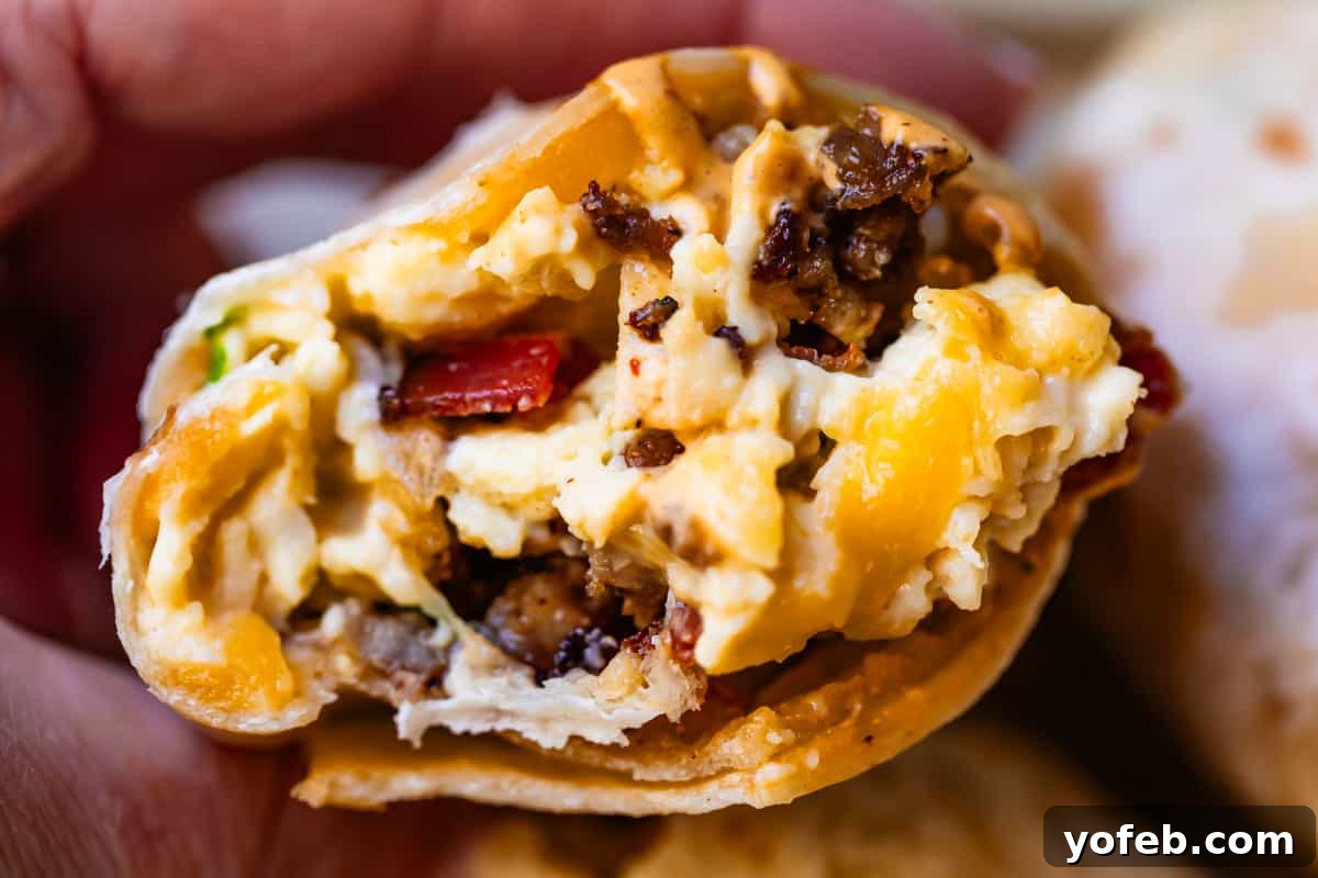 The Ultimate Make Ahead Breakfast Burrito Recipe 6 half of an egg and meat breakfast burrito.