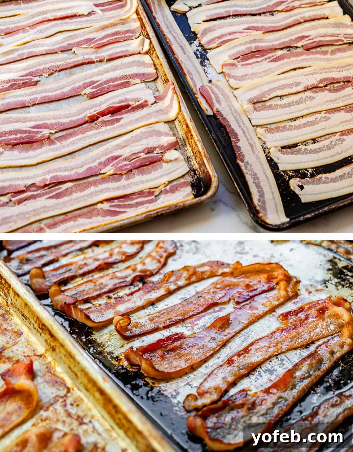 The Ultimate Make Ahead Breakfast Burrito Recipe 8 double photo of uncooked bacon on baking sheet with bottom photo of cooked crispy bacon after baking.